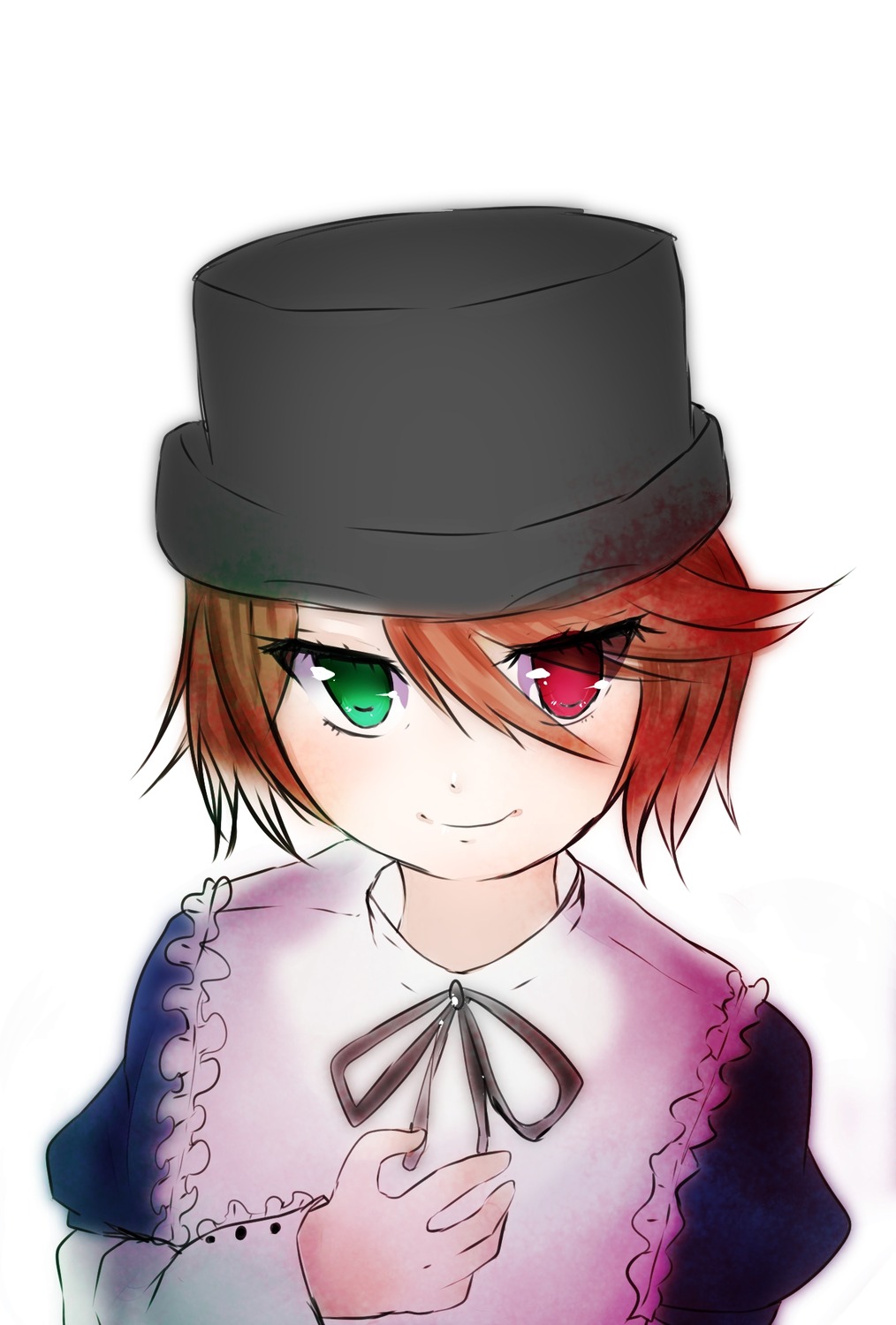1girl black_headwear brown_hair closed_mouth dress green_eyes hat heterochromia image long_sleeves looking_at_viewer neck_ribbon red_eyes ribbon short_hair smile solo souseiseki striped upper_body vertical_stripes white_background