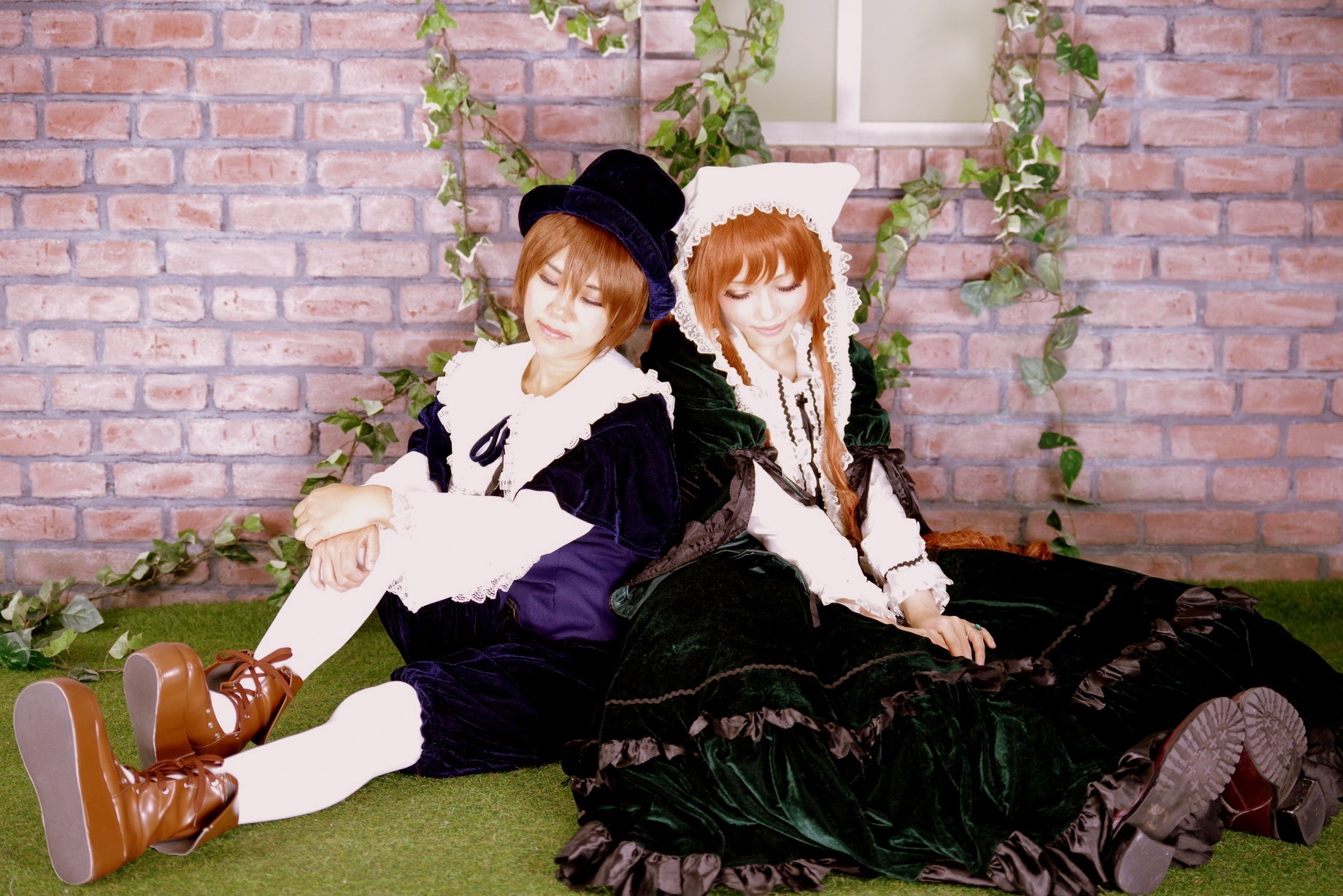 1boy 1girl boots brick_wall brown_footwear closed_eyes dress flower hat long_hair multiple_cosplay orange_hair plant sitting tagme twins