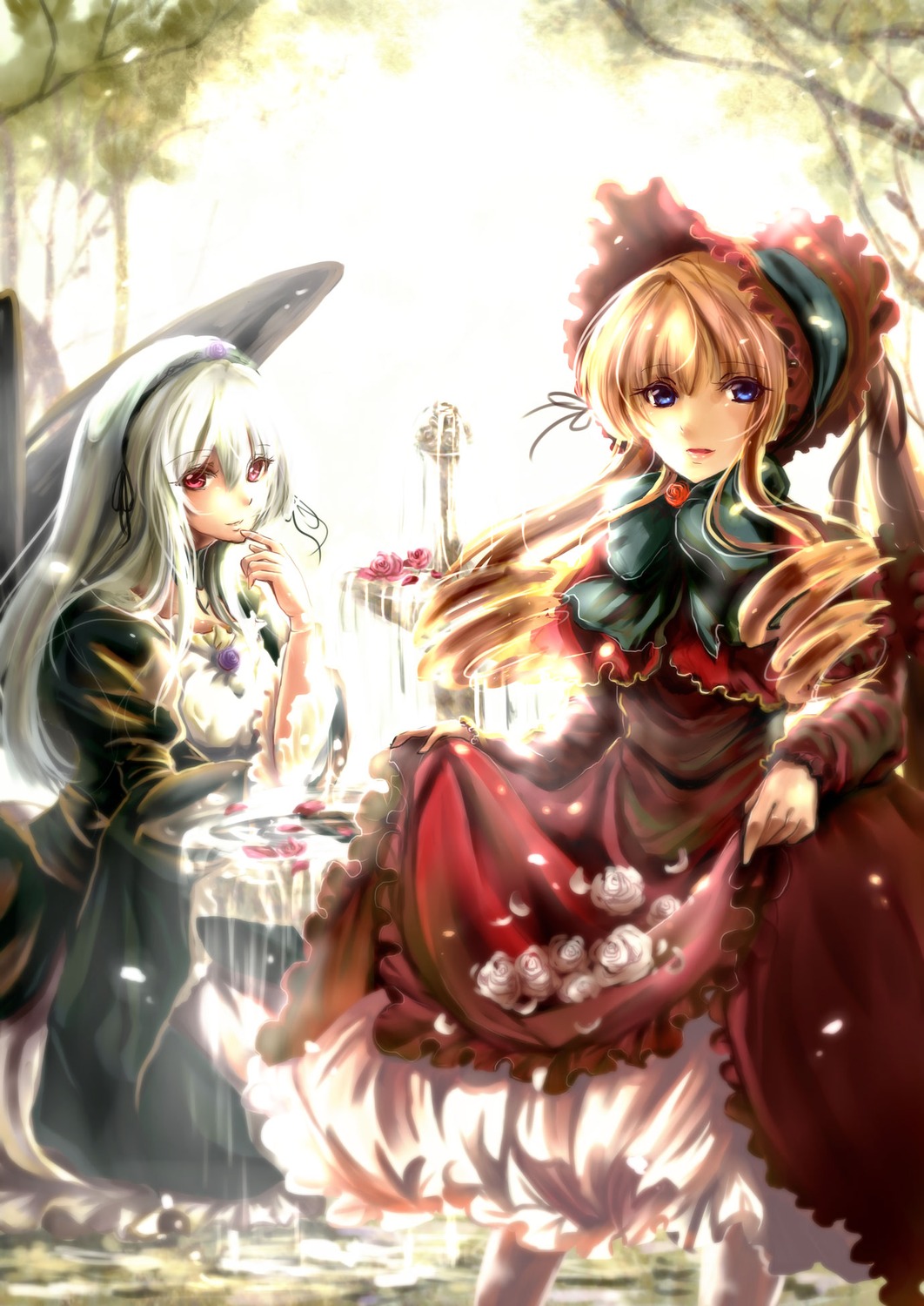 2girls blonde_hair blue_eyes bonnet commentary_request doll_joints dress drill_hair flower frills gothic_lolita highres image joints lolita_fashion long_hair long_sleeves looking_at_viewer multiple_girls pair red_dress red_eyes rozen_maiden shinku silver_hair suigintou very_long_hair yuki_hikari