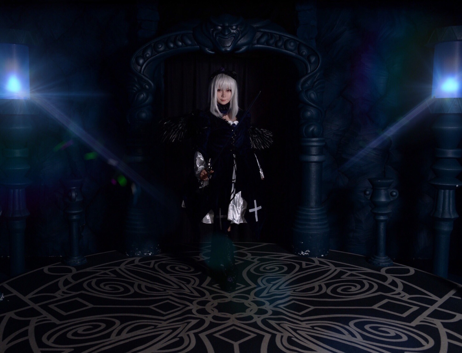 1girl dark dress flower indoors long_hair solo standing suigintou white_hair
