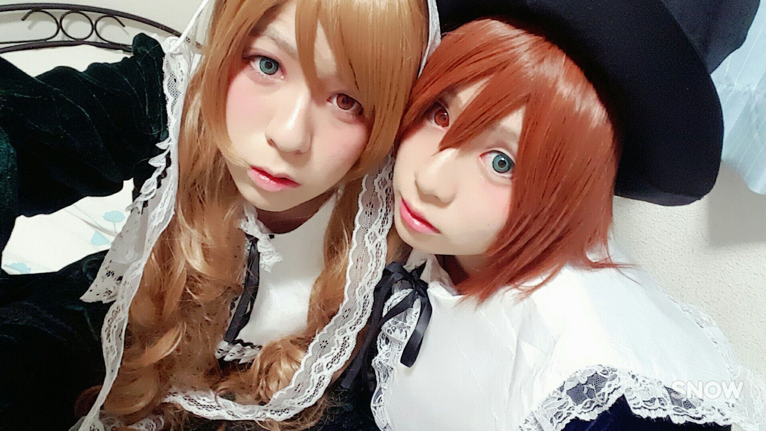 2girls blue_eyes brown_hair hair_between_eyes hat heterochromia lips long_hair looking_at_viewer multiple_cosplay multiple_girls orange_hair red_eyes ribbon short_hair siblings sisters smile souseiseki tagme twins