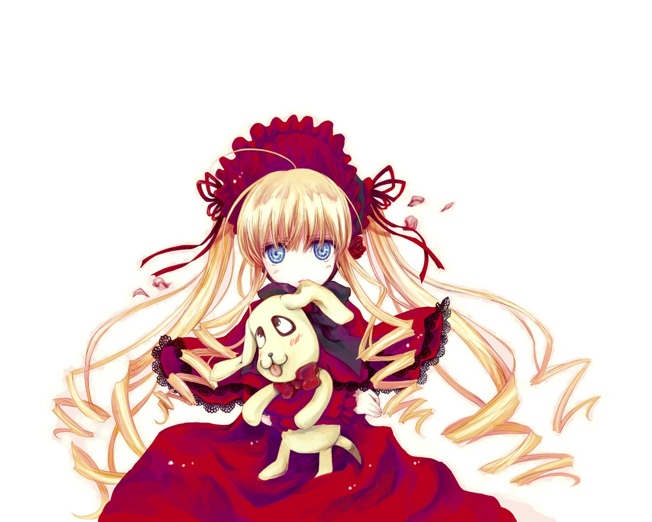 1girl blonde_hair blue_eyes bow dress drill_hair holding image long_hair red_dress shinku solo stuffed_animal twintails very_long_hair