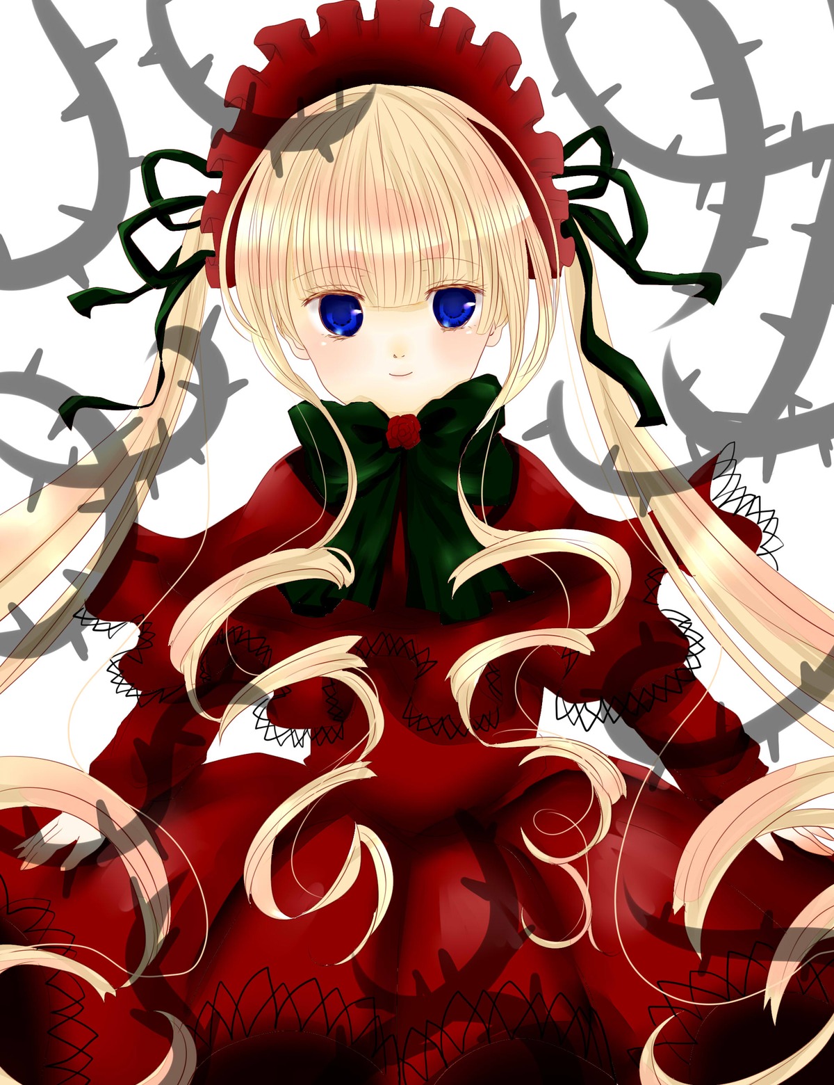 1girl blonde_hair blue_eyes blush bonnet bow dress green_bow image long_hair long_sleeves looking_at_viewer rose shinku smile solo twintails white_background
