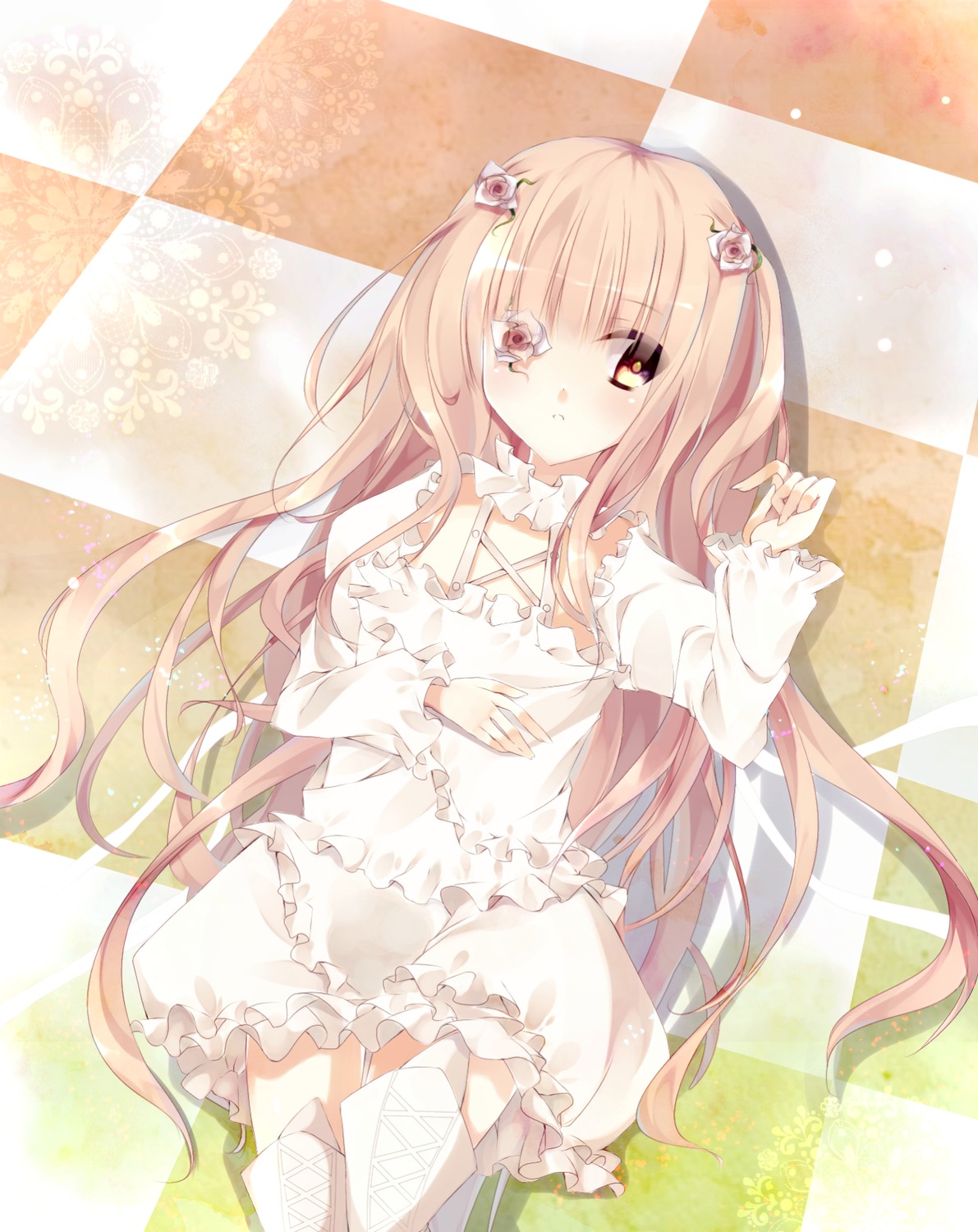 1girl argyle argyle_background argyle_legwear board_game checkered checkered_background checkered_floor checkered_kimono checkered_skirt chess_piece choker dress hair_ornament image kirakishou long_hair lying on_back on_floor perspective pink_hair plaid_background solo thighhighs tile_floor tile_wall tiles very_long_hair