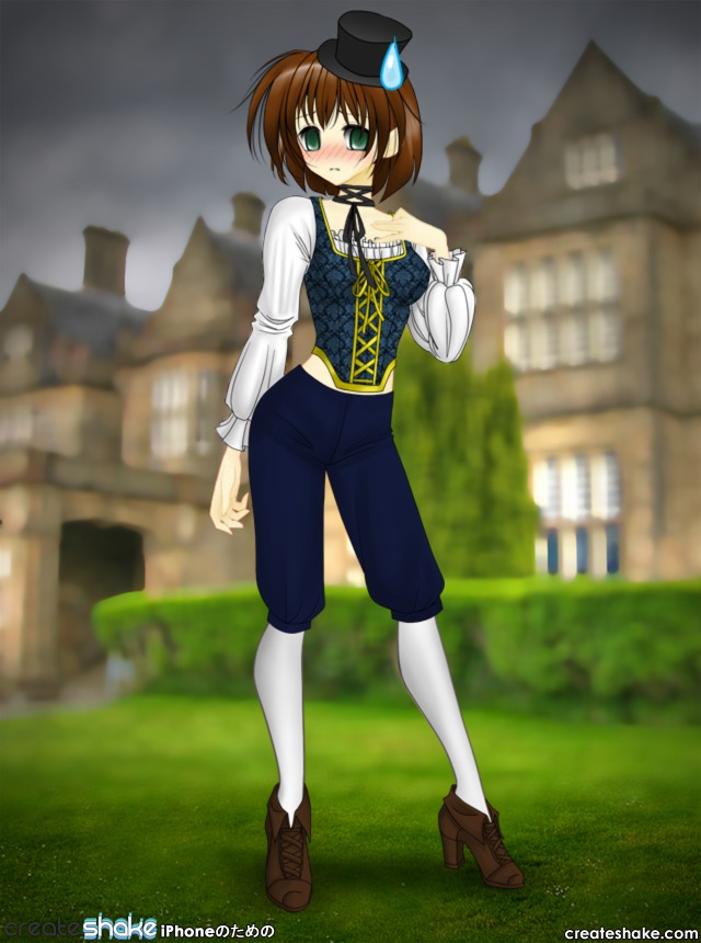 1boy 1girl blurry blush brown_footwear brown_hair building corset depth_of_field full_body green_eyes hat image long_sleeves short_hair solo souseiseki standing top_hat watermark