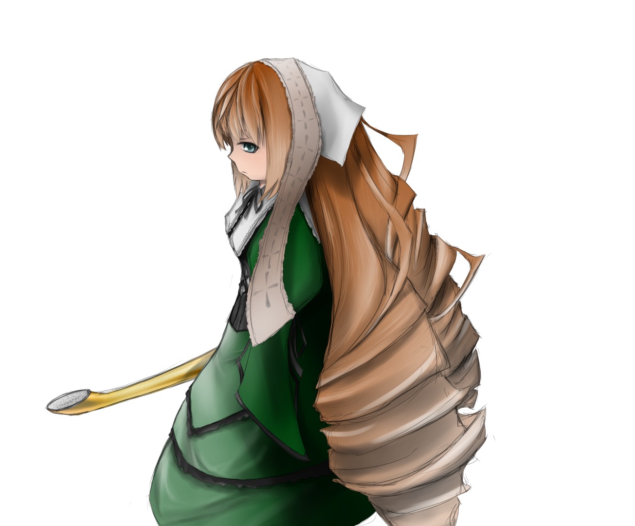1girl arms_behind_back bangs dress drill_hair green_dress green_eyes image long_hair long_sleeves ribbon simple_background solo striped suiseiseki sword very_long_hair weapon white_background