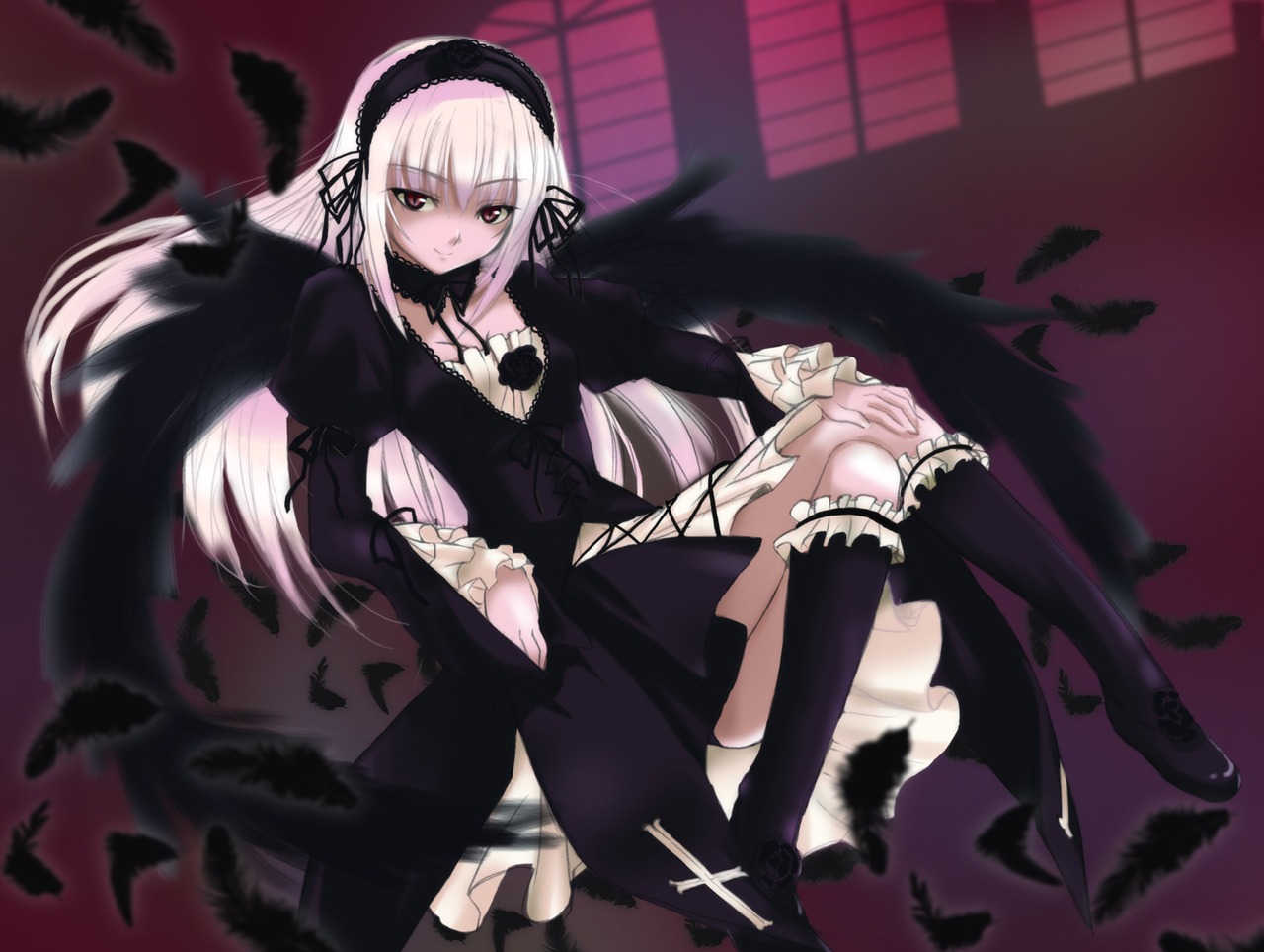 1girl black_dress black_wings bobby_socks crossed_legs detached_collar dress feathers floating floating_hair flower frills hairband image kneehighs long_hair long_sleeves looking_at_viewer pink_hair puffy_sleeves r-type_nirvana reclining red_eyes ribbon rose rozen_maiden shoes sitting smile socks solo suigintou thighs upskirt very_long_hair window wings