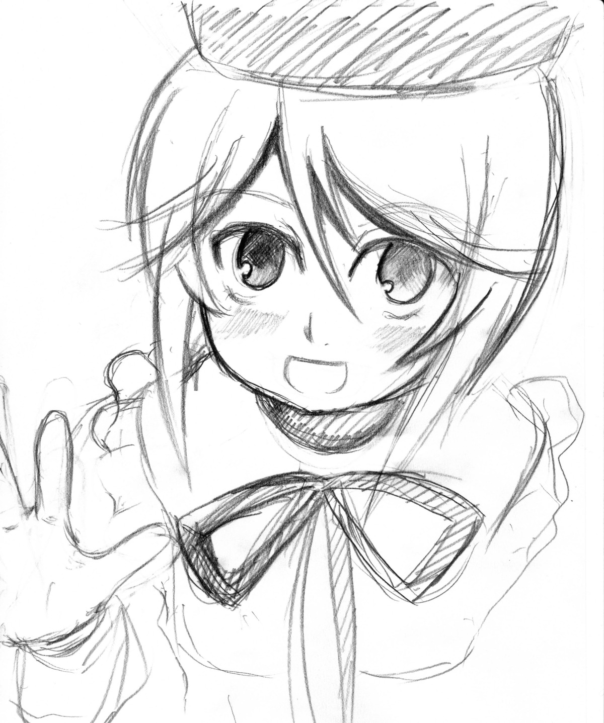 1girl :d blush eyebrows_visible_through_hair greyscale hat image looking_at_viewer monochrome open_mouth ribbon simple_background sketch smile solo souseiseki white_background