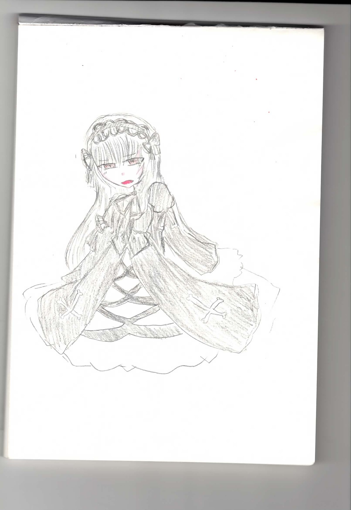 1girl bangs dress flower frills hairband image long_hair long_sleeves looking_at_viewer monochrome rose simple_background solo suigintou very_long_hair