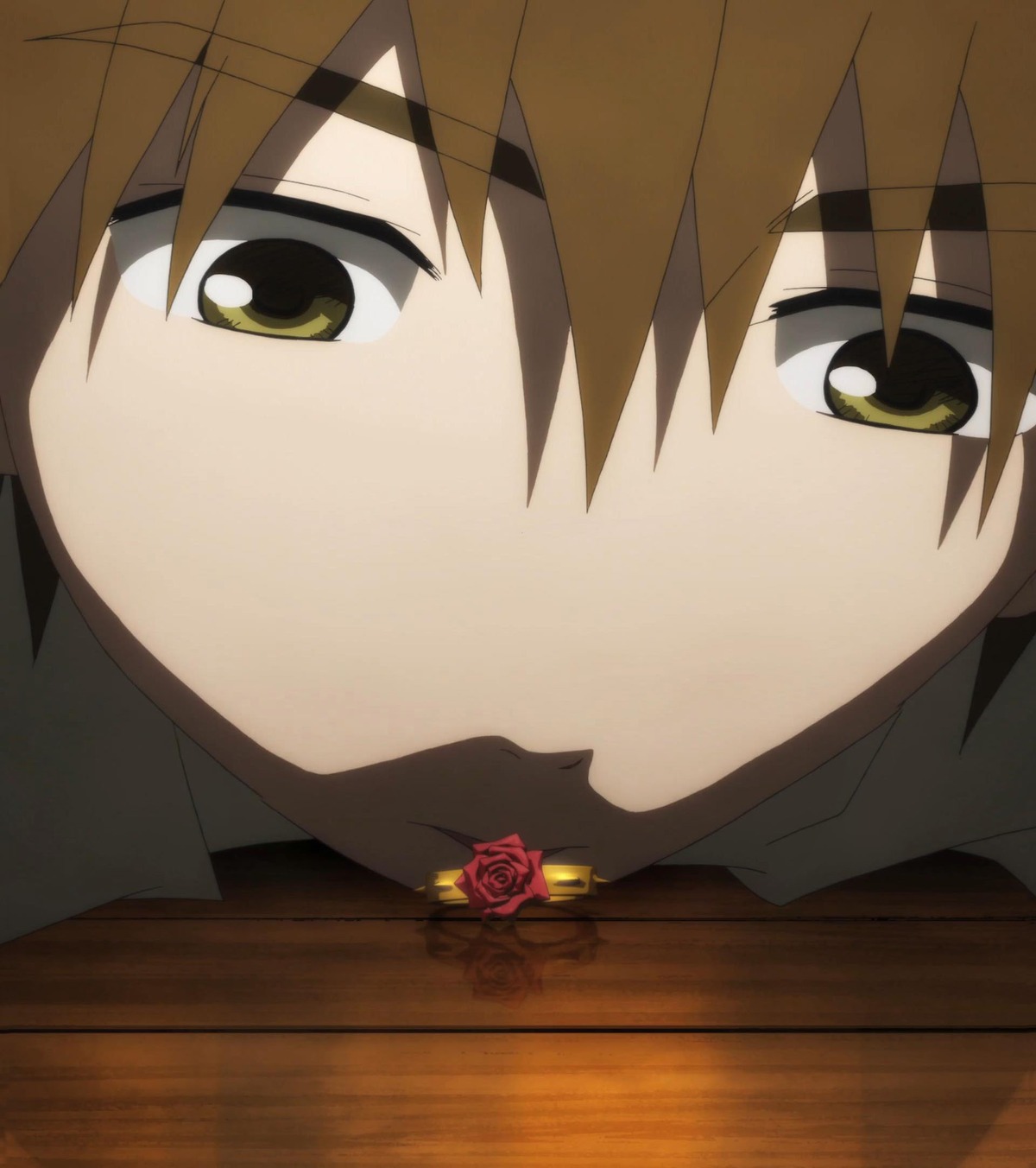 1boy auto_tagged brown_hair close-up face flower glasses human looking_at_viewer red_flower red_rose rose sakurada_jun screenshot solo yellow_eyes