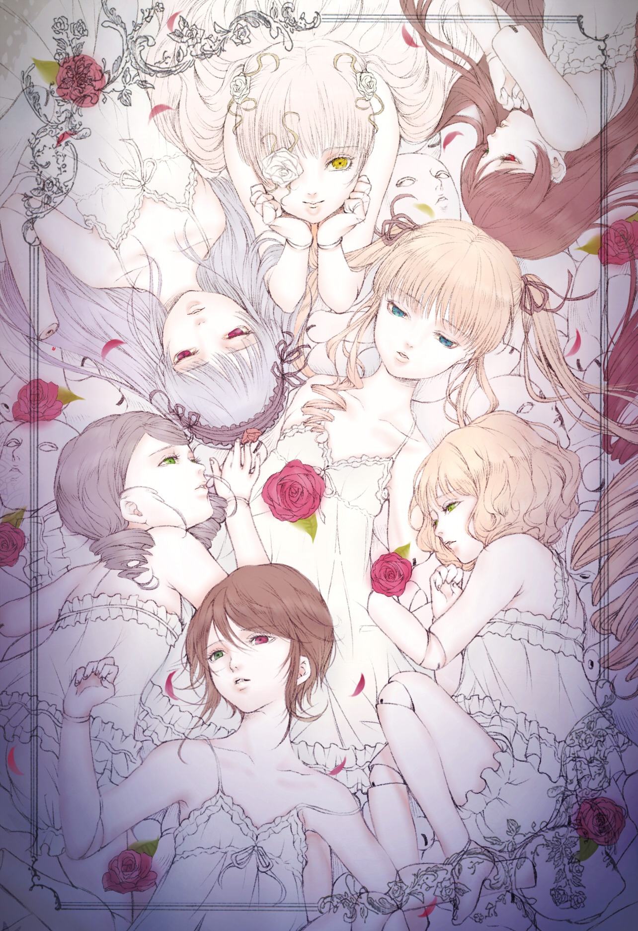 6+girls babydoll blonde_hair bloomers commentary_request doll_joints dress drill_hair everyone eyepatch flower framed graphite_(medium) green_eyes hair_ornament hairband highres hina_ichigo image joints kanaria kirakishou lolita_hairband long_hair lying mixed_media multiple multiple_girls on_side one-eyed pink_eyes purple_hair red_eyes red_flower red_rose rose rose_petals rozen_maiden satsuki_kei shinku short_hair souseiseki strap_slip suigintou suiseiseki tagme thorns traditional_media twin_drills underwear very_short_hair white_flower white_rose