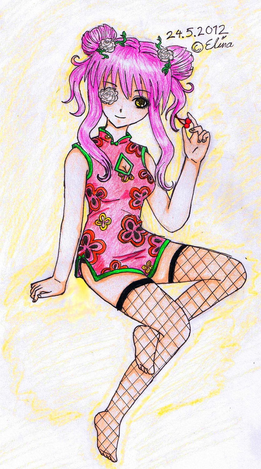 1girl china_dress chinese_clothes cleavage_cutout double_bun dress eyepatch fishnet_legwear fishnets flower full_body hair_ornament image kirakishou pink_hair sitting sleeveless solo thighhighs traditional_media twintails yellow_eyes