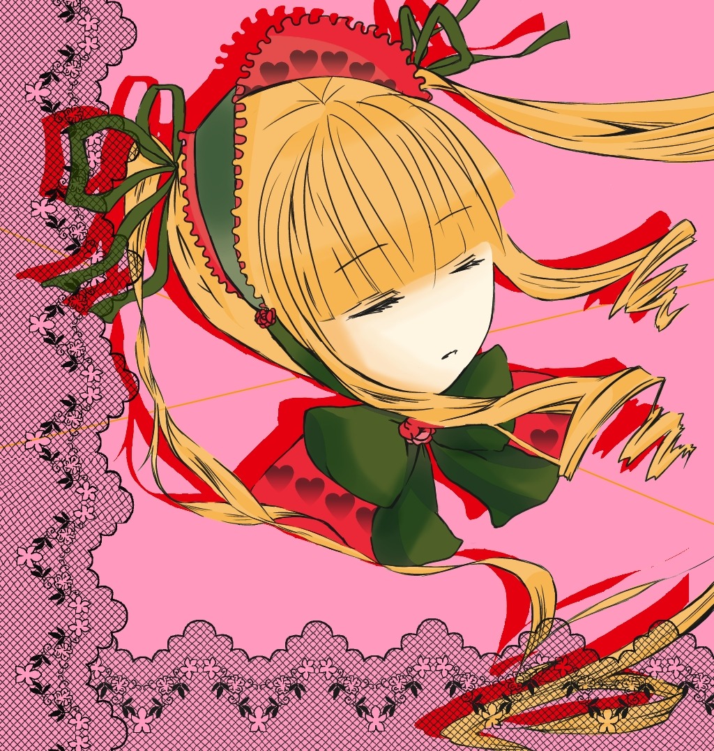 1girl blonde_hair bow closed_eyes drill_hair image long_hair pink_background shinku sleeping solo