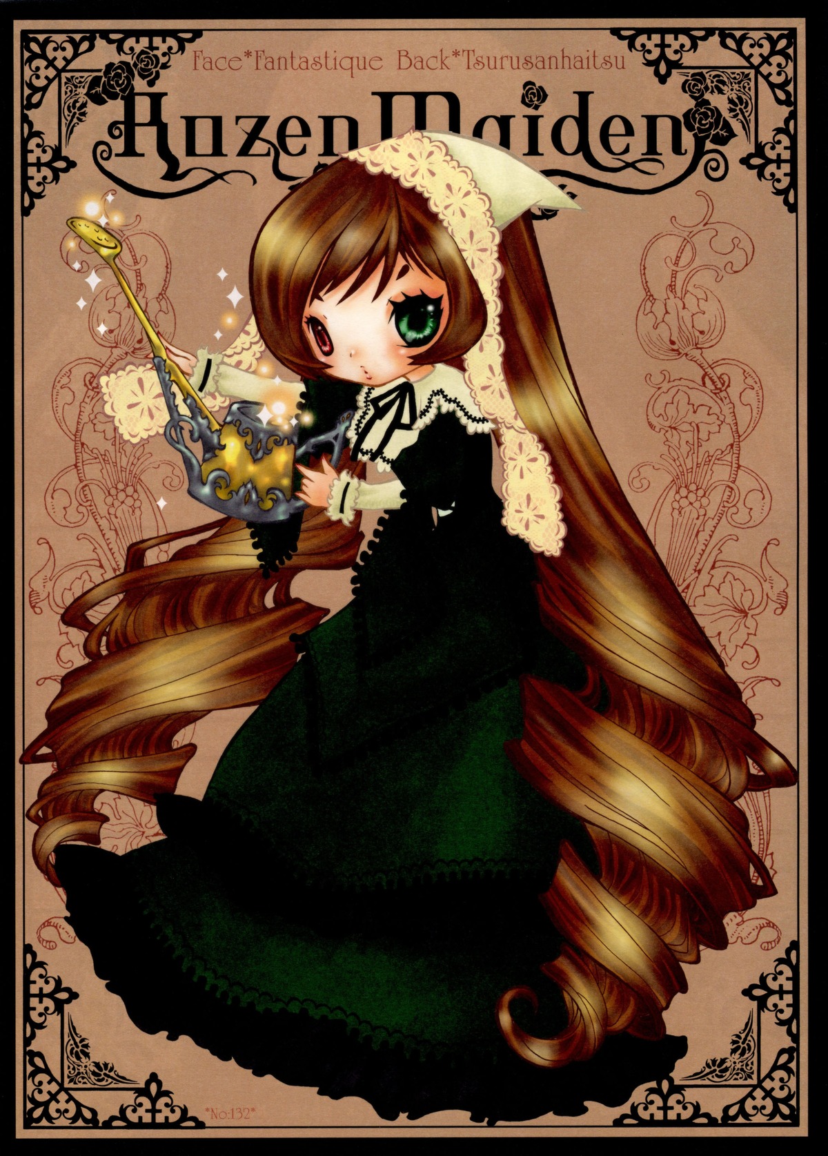 1girl black_border border brown_hair dress drill_hair green_dress green_eyes heterochromia image letterboxed long_hair long_sleeves looking_at_viewer red_eyes solo suiseiseki twin_drills very_long_hair watering_can