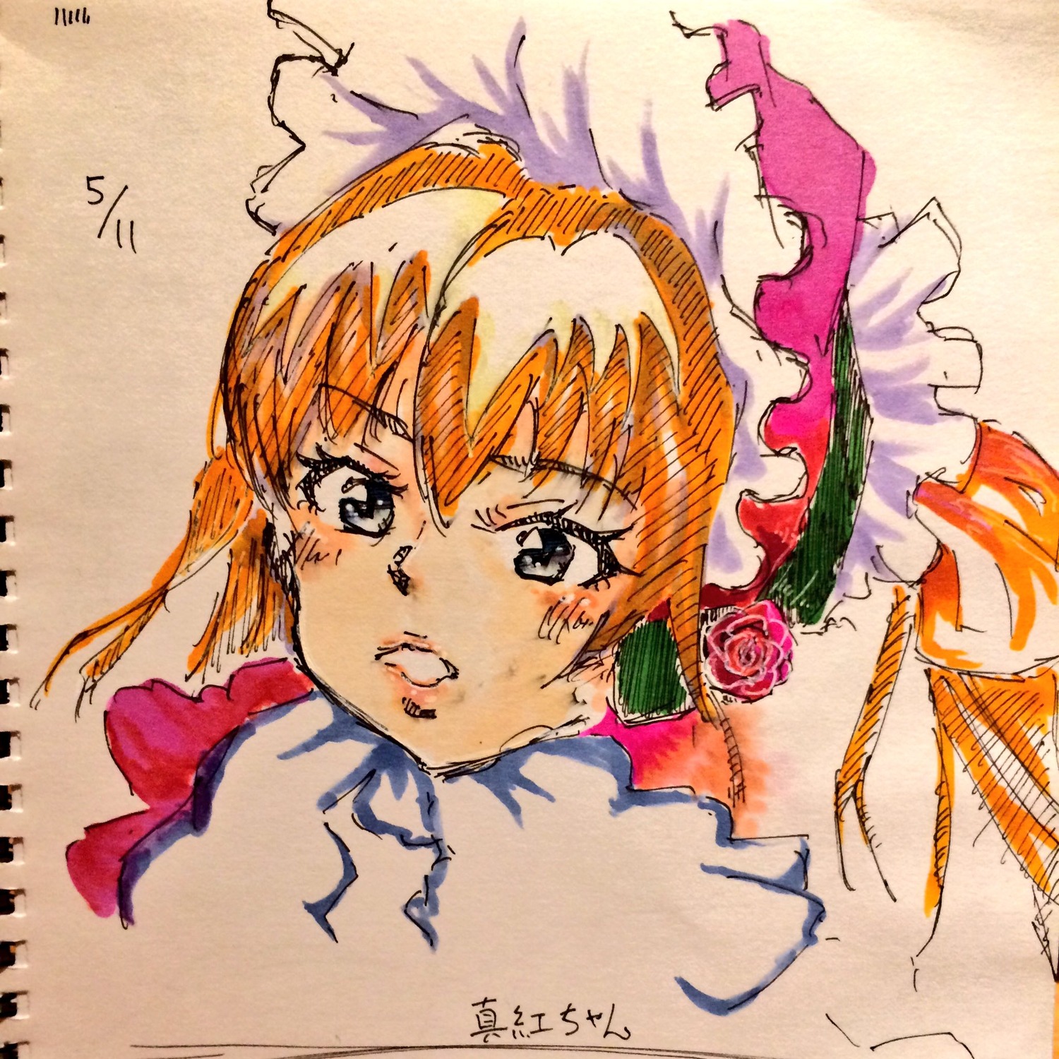 1girl dated flower image orange_hair shinku solo traditional_media