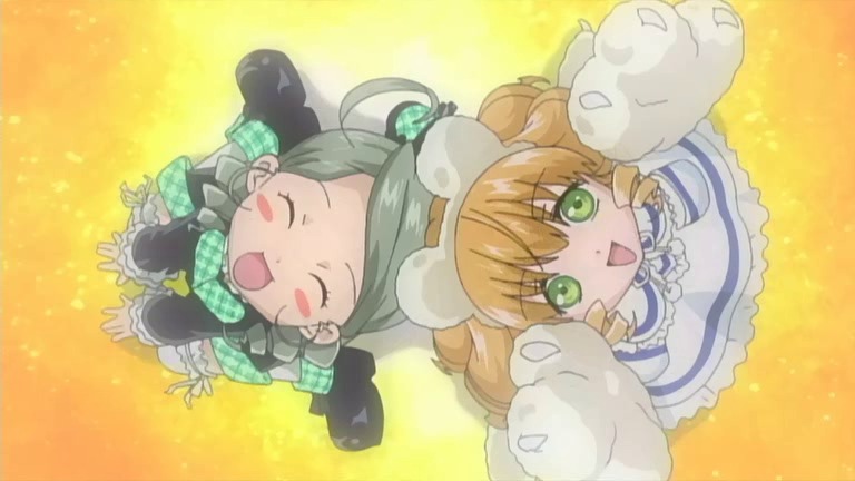 2girls :d animal_ears animal_hands black_footwear blonde_hair brown_hair closed_eyes from_above gloves green_eyes grey_hair hairband hina_ichigo hinaichigo image kanaria looking_at_viewer multiple_girls non-web_source open_mouth orange_background pair paw_gloves paws rozen_maiden screencap shoes short_hair sitting skirt smile thighhighs wariza white_legwear white_skirt