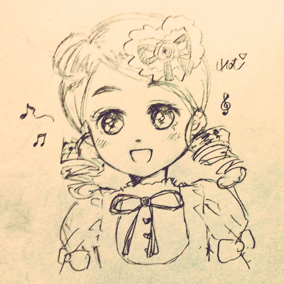 1girl :d bass_clef beamed_eighth_notes beamed_sixteenth_notes eighth_note graphite_(medium) hair_ornament image kanaria monochrome musical_note open_mouth photo quarter_note ribbon sixteenth_note sketch smile solo spoken_musical_note staff_(music) traditional_media treble_clef upper_body