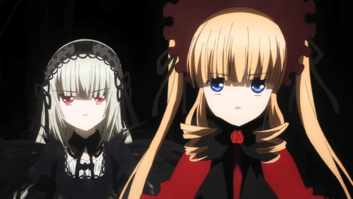 2girls blonde_hair blue_eyes bonnet bow dress drill_hair flower hairband image long_hair looking_at_viewer multiple_girls pair rose shinku silver_hair suigintou