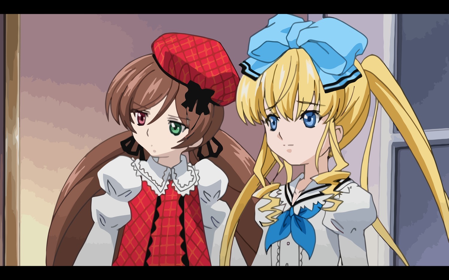 2girls blonde_hair blue_eyes bow brown_hair dress green_eyes hair_bow hat heterochromia image letterboxed long_hair multiple_girls pair red_eyes shinku suiseiseki twintails