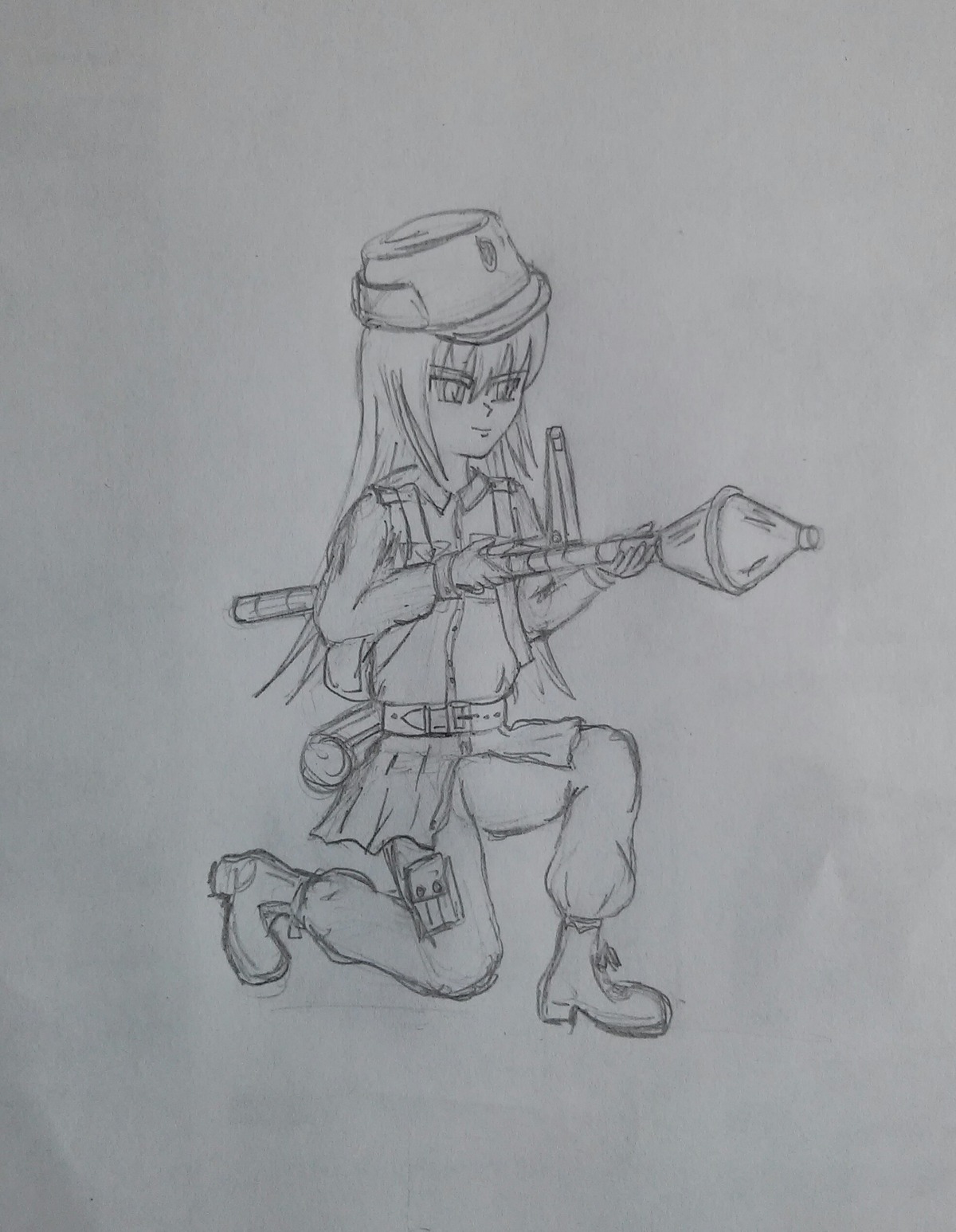 1girl belt boots full_body garrison_cap greyscale gun hat image long_hair military military_uniform monochrome sketch soldier solo suigintou traditional_media uniform weapon world_war_ii