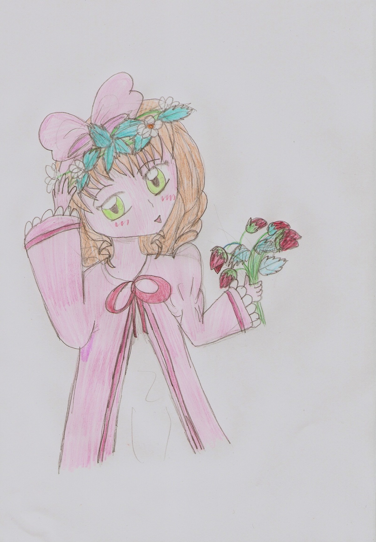 1girl bow dress flower green_eyes grey_background hair_bow hinaichigo image leaf long_sleeves pink_bow simple_background sleeves_past_wrists solo traditional_media tulip