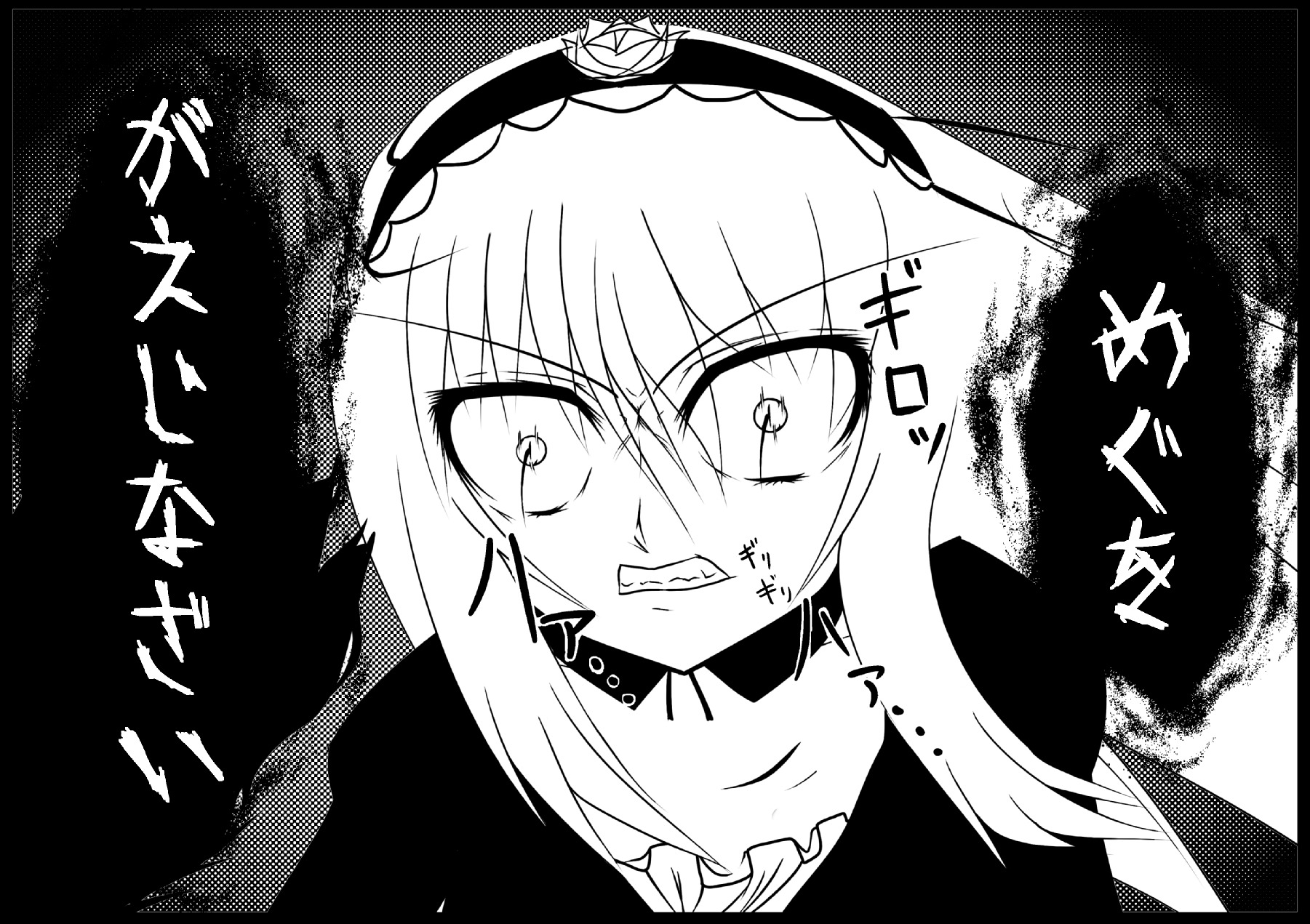 1girl clenched_teeth frilled_hairband greyscale hairband image monochrome sharp_teeth solo suigintou teeth