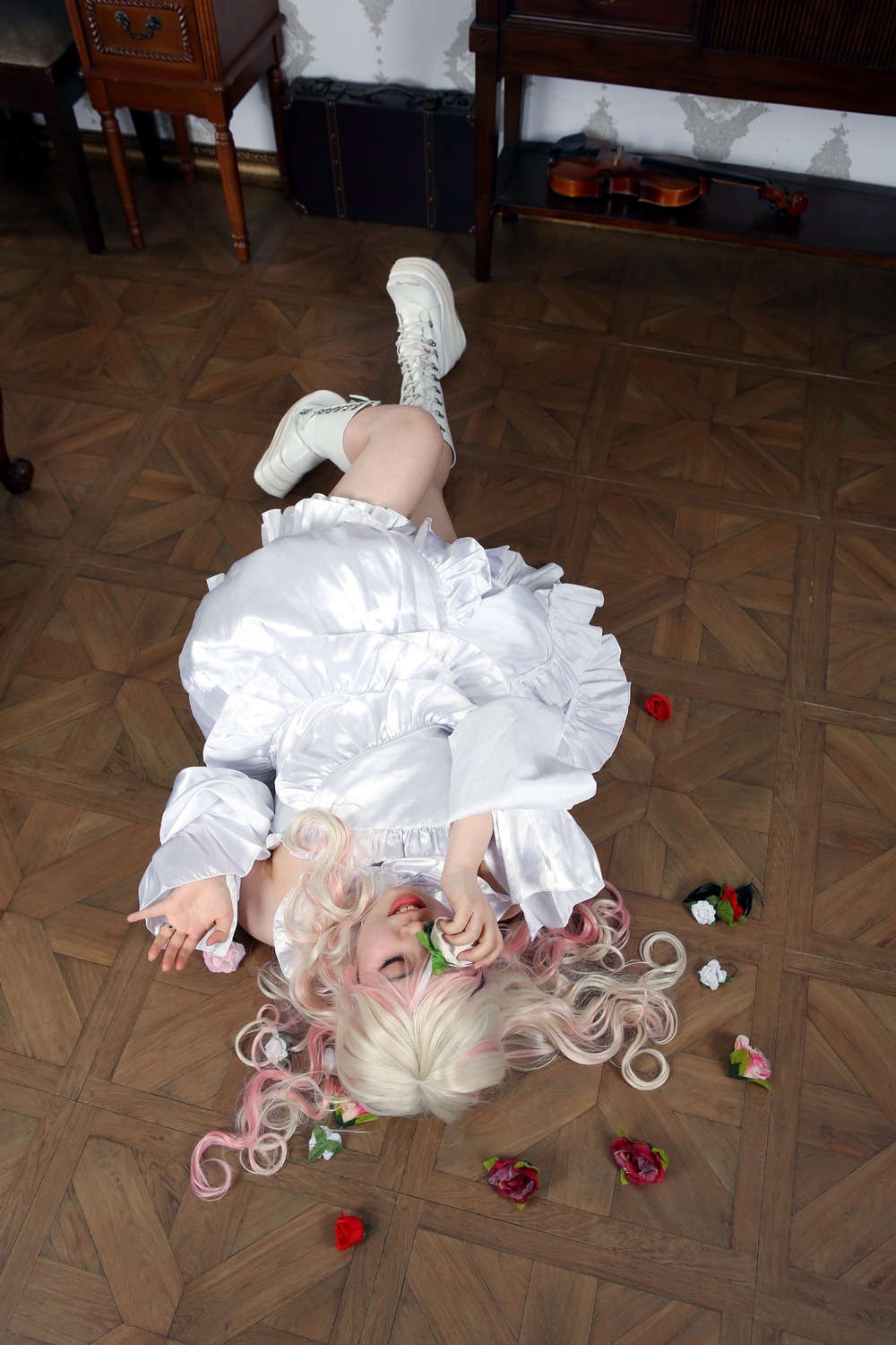 1girl boots closed_eyes dress flower kirakishou long_hair lying red_flower red_rose rose solo white_dress white_footwear white_hair wooden_floor