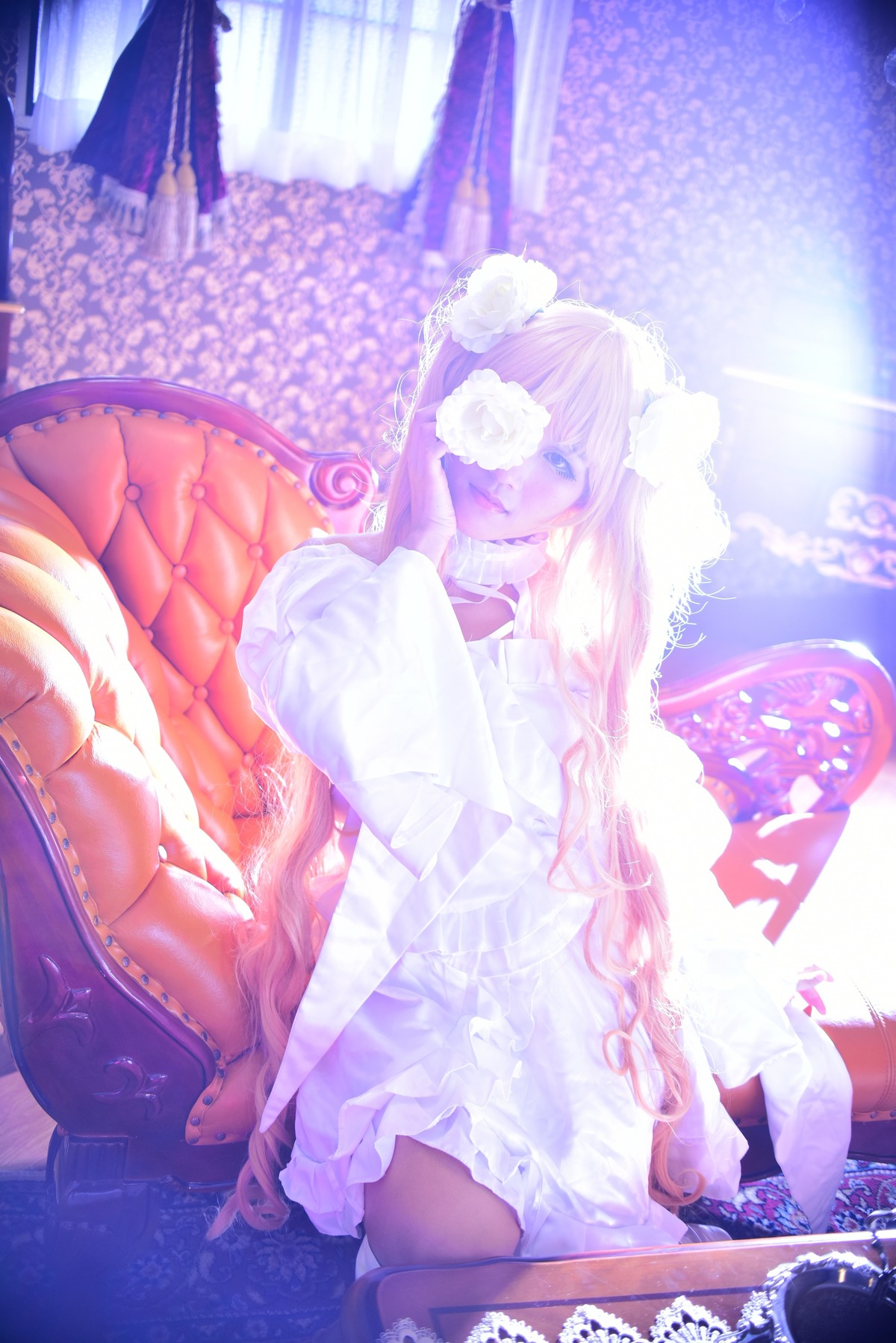 1girl dress flower kirakishou long_hair rose sitting solo white_flower white_rose