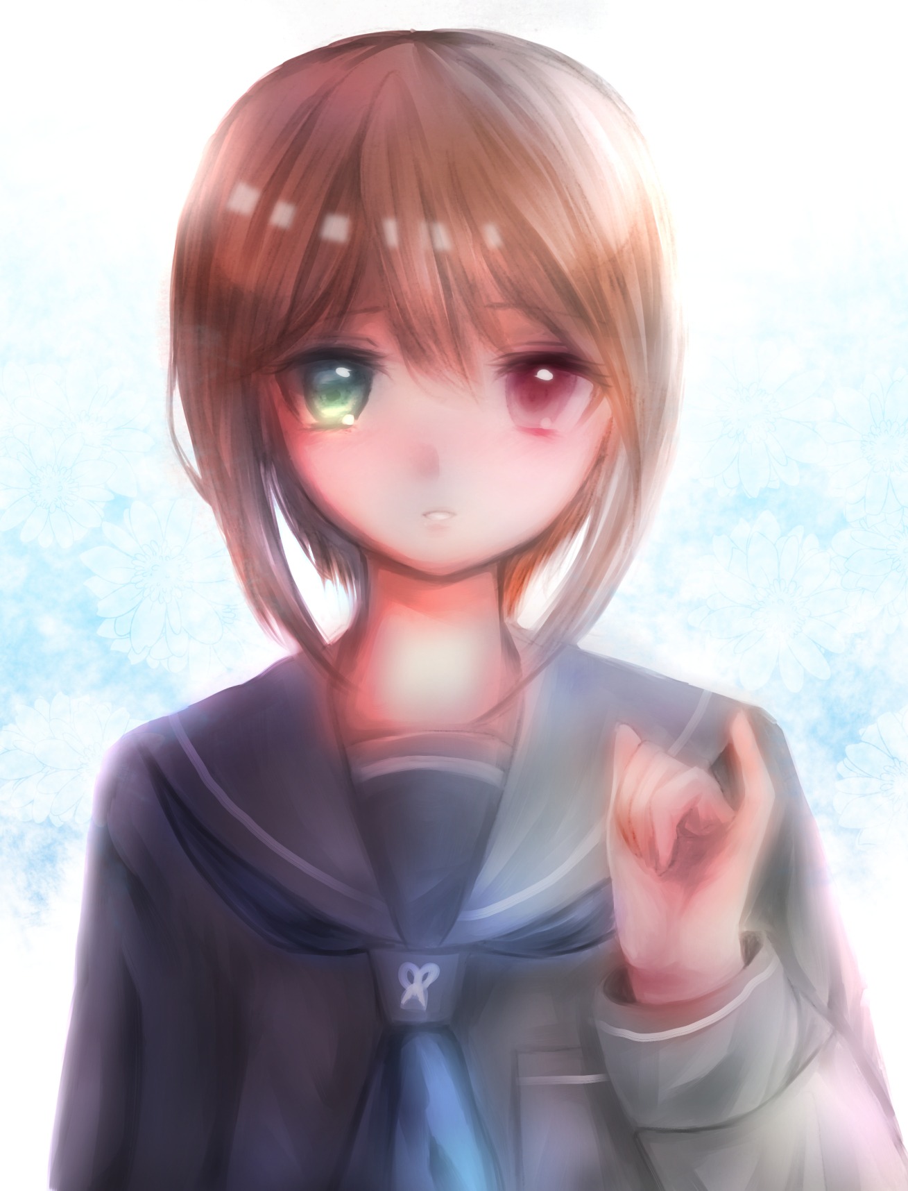 1girl bangs blue_neckwear brown_hair heterochromia image long_sleeves looking_at_viewer school_uniform serafuku short_hair solo souseiseki upper_body