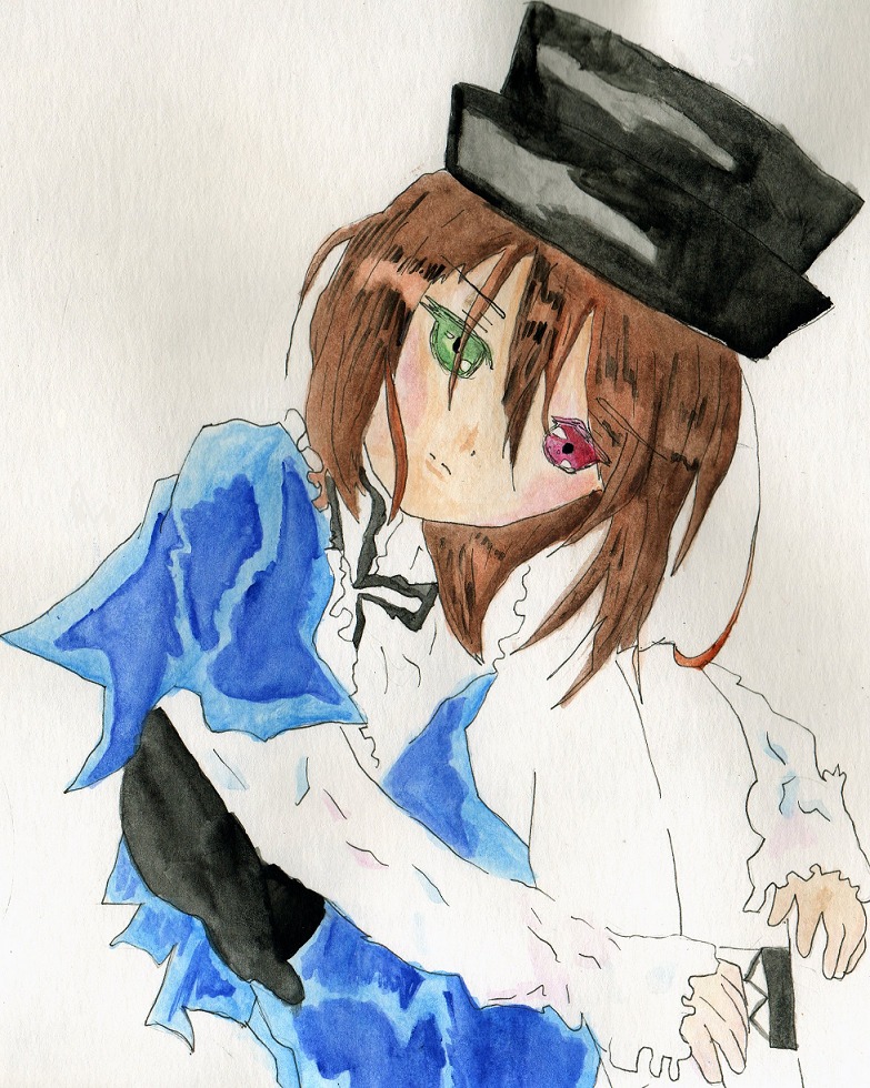 1girl blue_dress brown_hair collar dress green_eyes hat heterochromia image long_sleeves looking_at_viewer red_eyes short_hair solo souseiseki suiseiseki traditional_media upper_body
