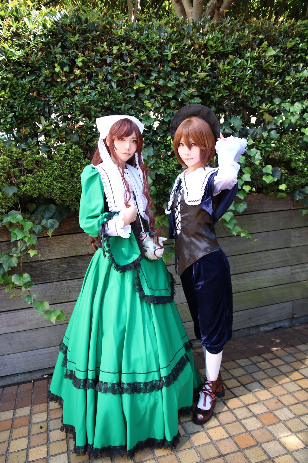 2boys apron blue_dress brown_hair closed_eyes dress hood multiple_boys multiple_cosplay outdoors tagme white_legwear