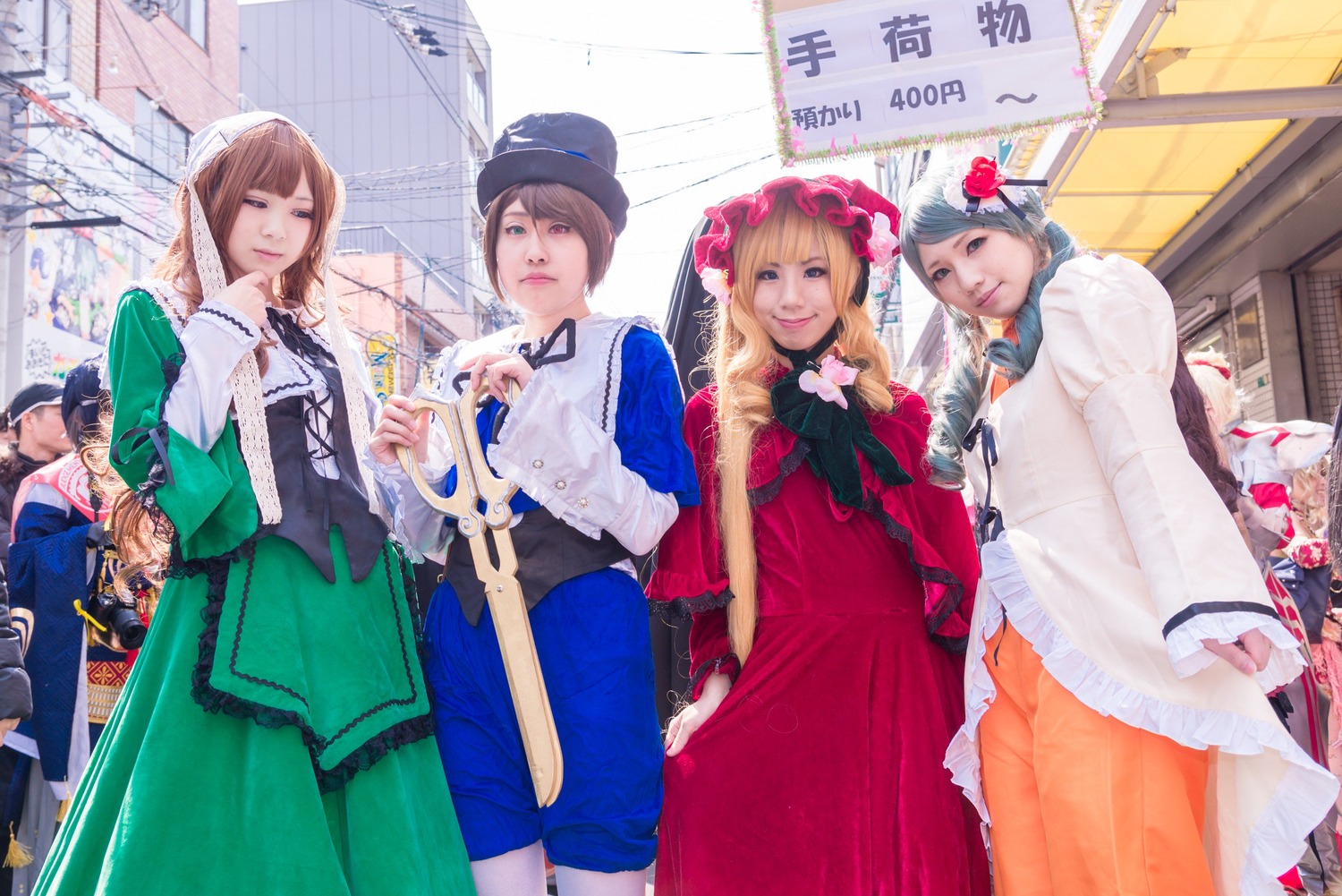 6+boys blonde_hair brown_hair dress flower hair_ornament hat jewelry lips long_hair multiple_boys multiple_cosplay multiple_girls pants realistic tagme umbrella