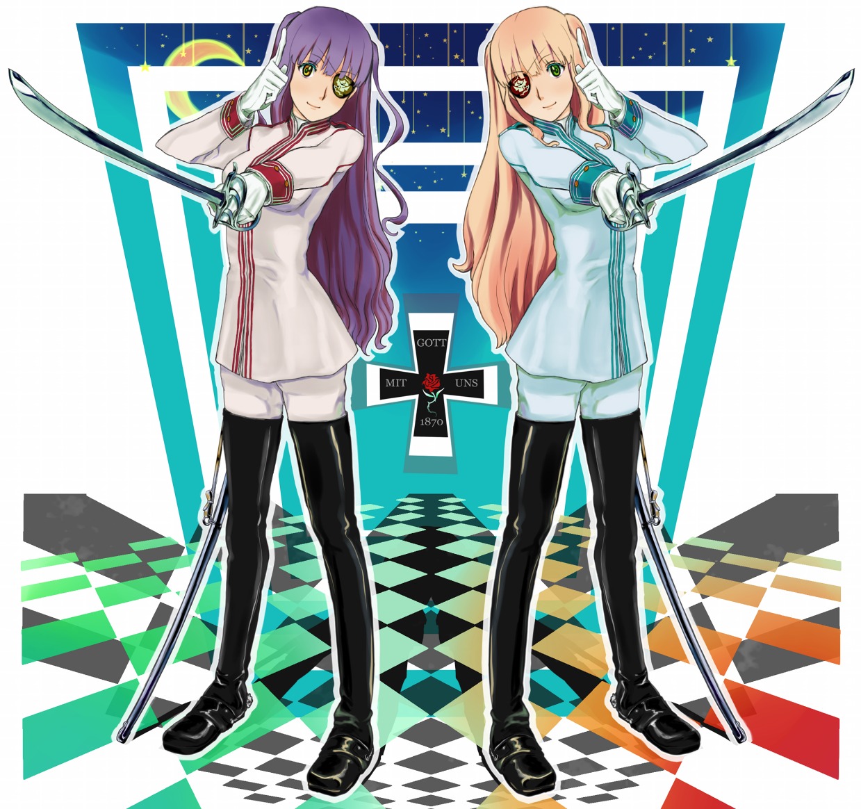2girls argyle argyle_background argyle_legwear bad_id bad_pixiv_id barasuishou blonde_hair board_game boots checkered checkered_background checkered_floor chess_piece crescent dress eyepatch flag flower german_text gloves green_eyes image katana kirakishou long_hair multiple_girls onoguru pair perspective purple_hair race_queen rose rozen_maiden sheath smile star_(symbol) sword thigh_boots thighhighs tile_floor tiles translated uniform weapon white_gloves yellow_eyes zettai_ryouiki
