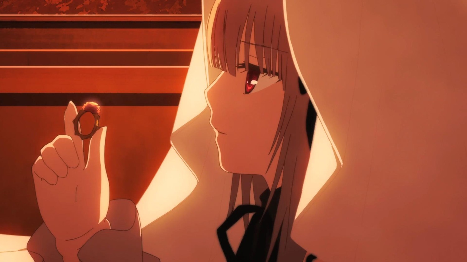 1girl auto_tagged bangs candy choker closed_mouth eyebrows_visible_through_hair food grey_hair hair_ribbon holding image long_hair profile red_eyes ribbon smile solo suigintou