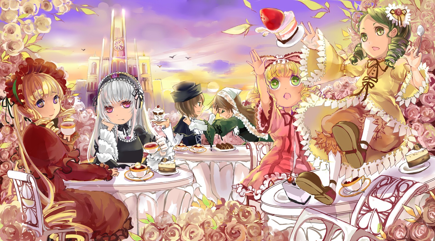 blonde_hair bonnet brown_hair cake cup dress drill_hair flower food green_eyes green_hair hairband hat image kanaria lolita_fashion lolita_hairband long_hair macaron multiple multiple_girls open_mouth purple_eyes rose shinku short_hair silver_hair sitting smile suigintou tagme teacup teapot tiered_tray twin_drills white_rose