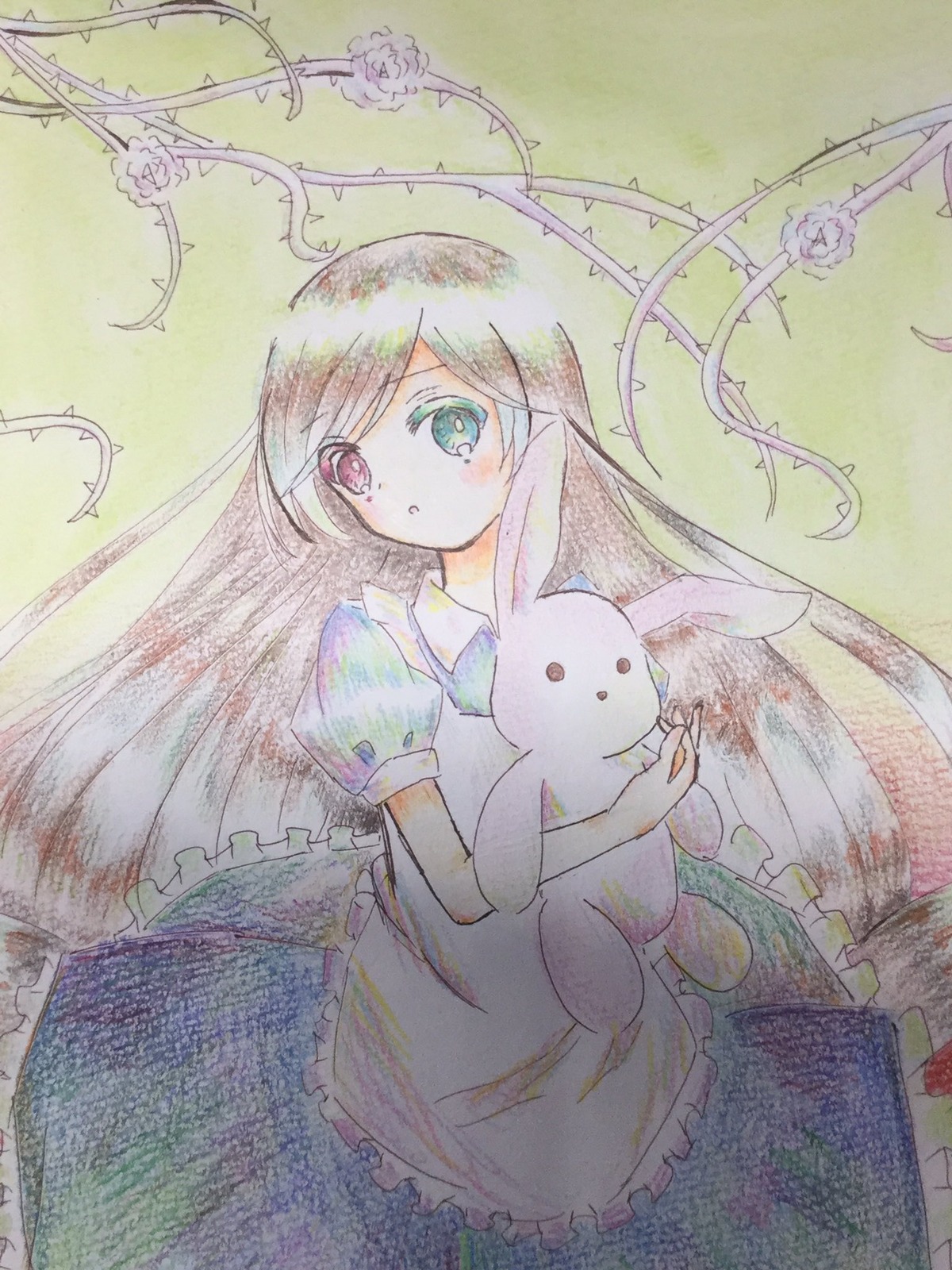 1girl apron bunny_ears colored_pencil_(medium) dress flower heterochromia image long_hair multicolored puffy_sleeves red_eyes rose short_sleeves solo stuffed_animal stuffed_bunny suiseiseki traditional_media very_long_hair watercolor_(medium)
