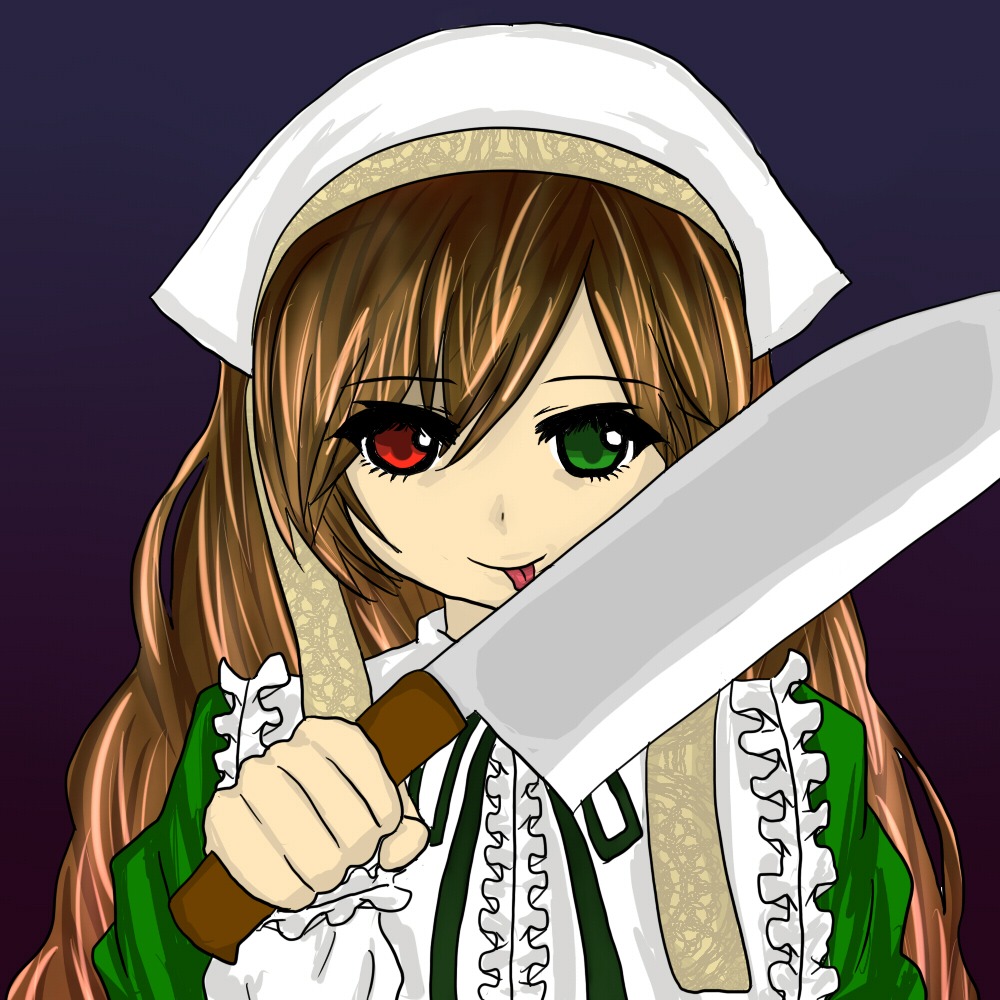 1girl :p brown_hair dress frills green_dress green_eyes head_scarf heterochromia image long_hair long_sleeves looking_at_viewer red_eyes simple_background solo suiseiseki tongue tongue_out yandere