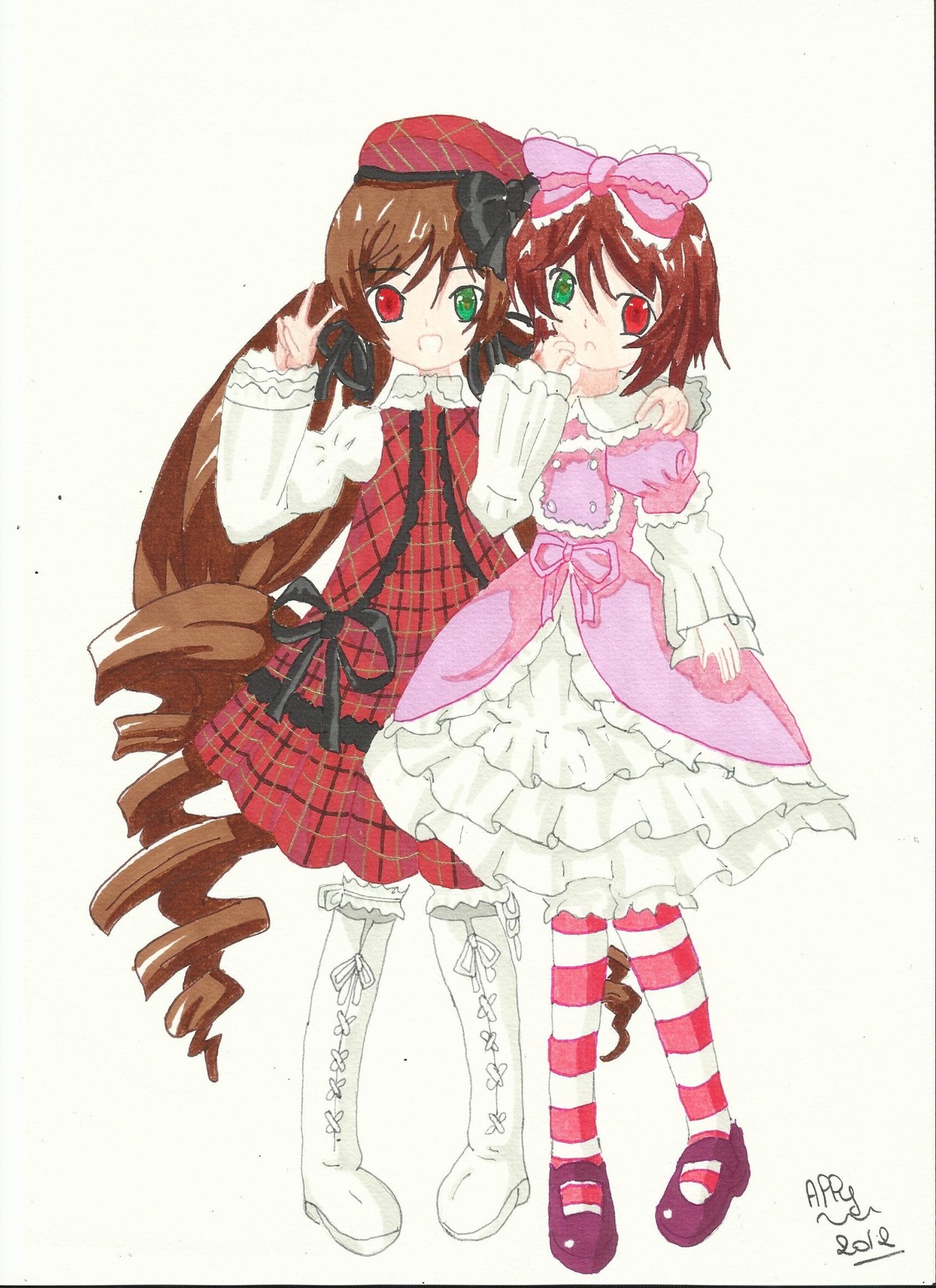 2girls boots bow brown_hair dated dress drill_hair green_eyes hat heterochromia image long_hair long_sleeves multiple_girls pair pantyhose pink_bow red_eyes ribbon short_hair siblings sisters souseiseki striped striped_legwear suiseiseki twins very_long_hair