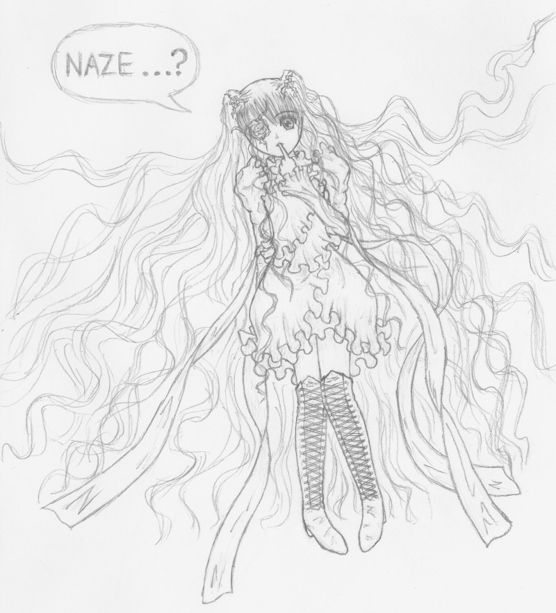 1girl boots dress flower frills hair_ornament image kirakishou long_hair monochrome rose solo thigh_boots thighhighs very_long_hair
