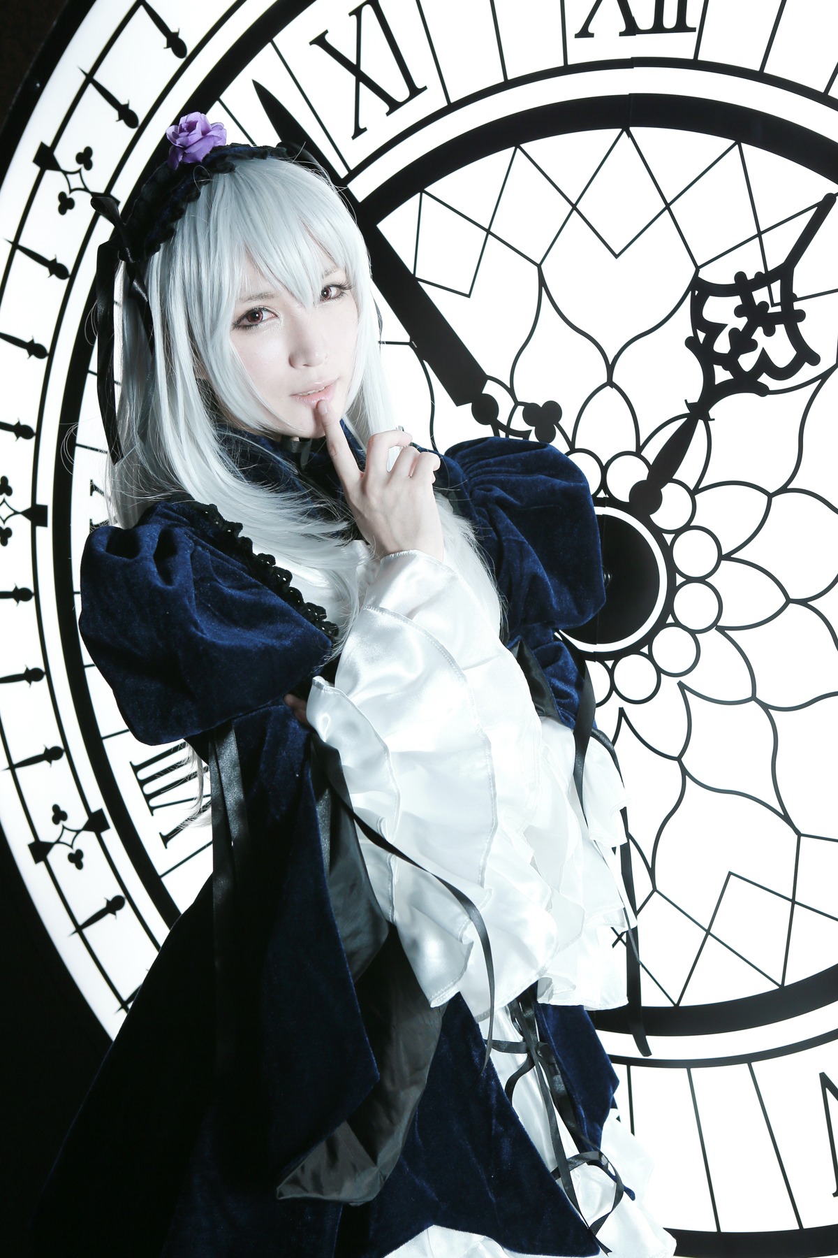 1girl dress flower frills gothic_lolita hairband lolita_fashion long_hair long_sleeves silver_hair solo suigintou