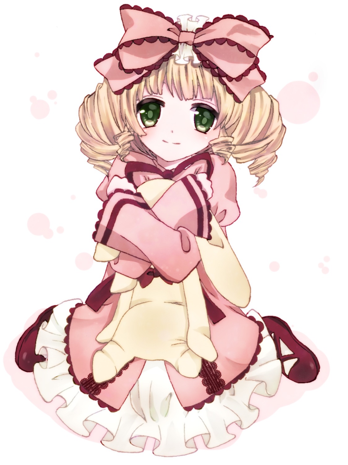1girl blonde_hair blush bow dress drill_hair frills full_body green_eyes hair_bow hina_ichigo hinaichigo image long_sleeves looking_at_viewer mary_janes pink_bow pink_dress shoes short_hair sitting smile solo twin_drills white_legwear