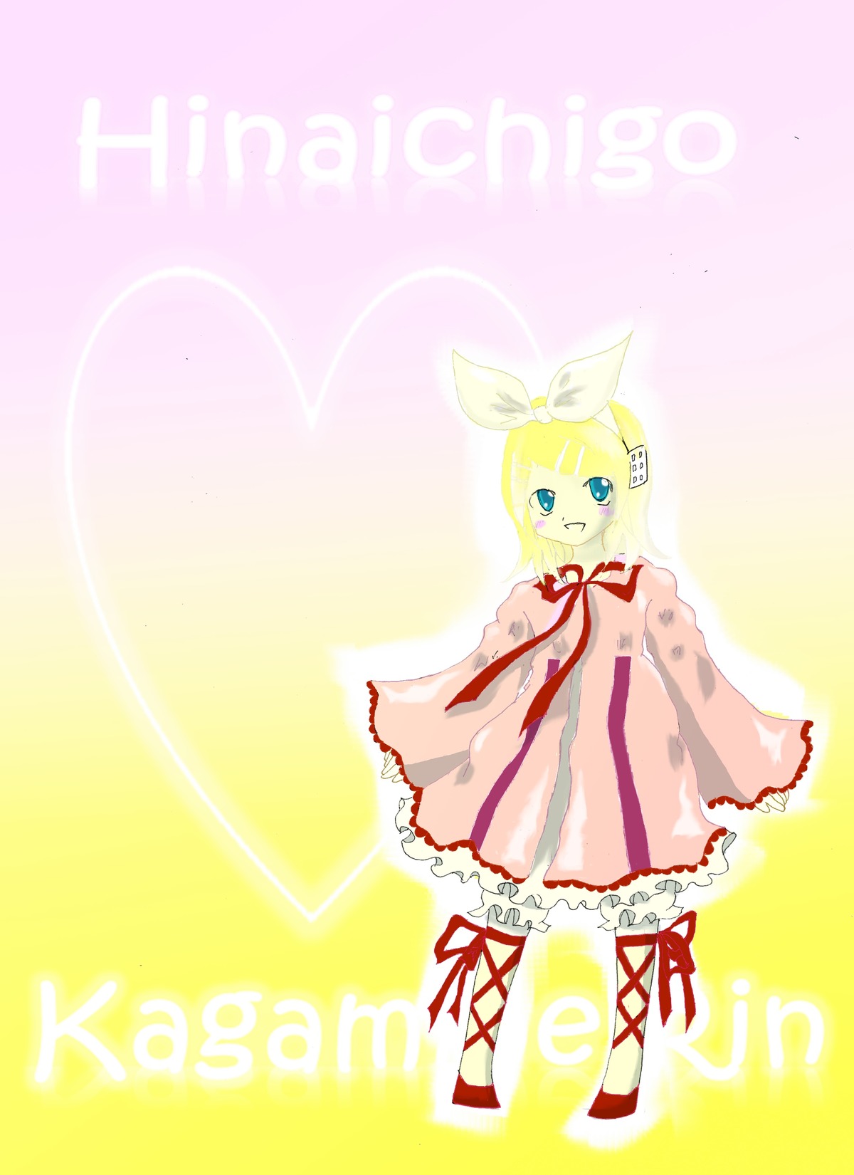 1girl auto_tagged bangs blonde_hair blue_eyes bow character_name cross-laced_footwear dress frills full_body hair_ornament hairclip hinaichigo image kagamine_rin long_sleeves looking_at_viewer ribbon short_hair smile solo standing