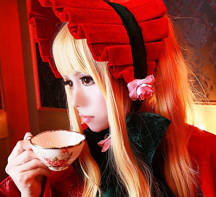 1girl bangs blonde_hair flower food holding lips long_hair profile rose shinku solo umbrella upper_body