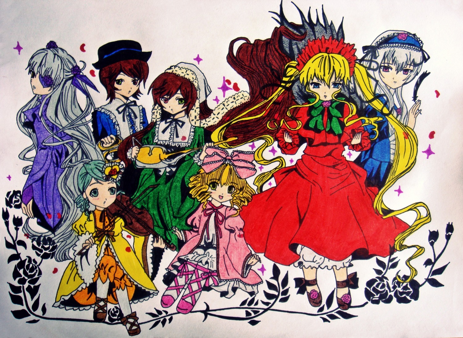 6+girls blonde_hair blue_eyes bonnet bow brown_hair dress drill_hair flower frills hat hina_ichigo image kanaria long_hair long_sleeves multiple multiple_girls pink_bow shinku short_hair siblings silver_hair souseiseki suigintou suiseiseki tagme twintails very_long_hair