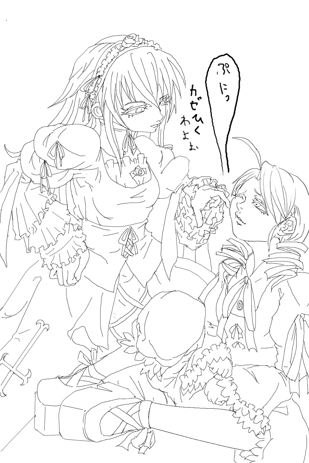 2girls ahoge dress drill_hair image kanaria long_hair monochrome multiple_girls pair shinku suigintou twin_drills