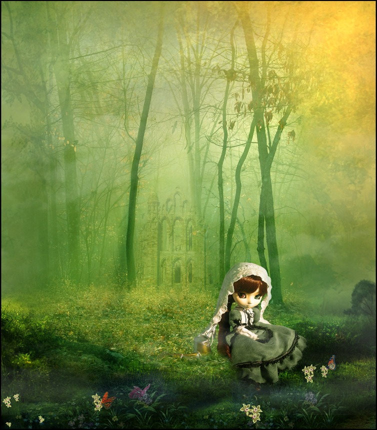 1girl apron auto_tagged black_border brown_eyes brown_hair doll dress field flower grass letterboxed long_sleeves maid nature outdoors sitting solo suiseiseki tree windowboxed