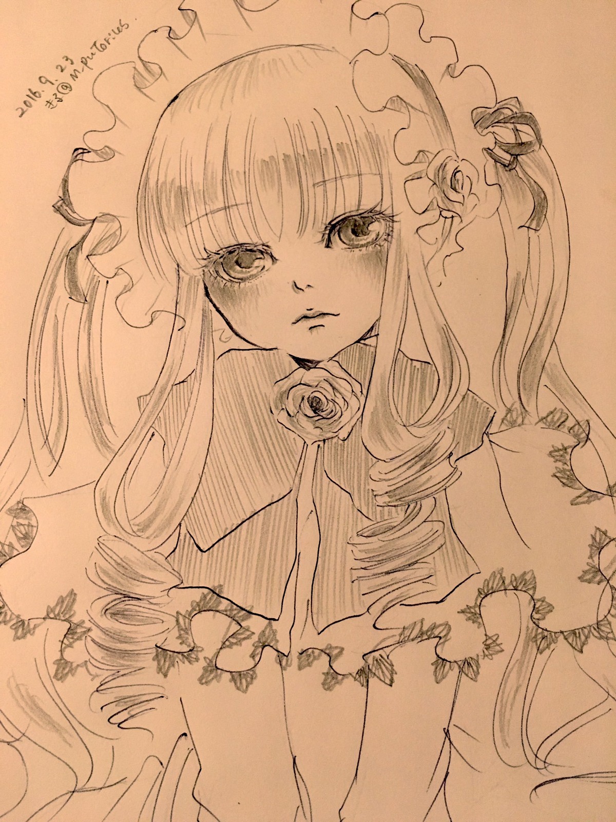 1girl bonnet dress drill_hair flower frills image long_hair long_sleeves monochrome rose shinku solo suigintou tears traditional_media twin_drills upper_body