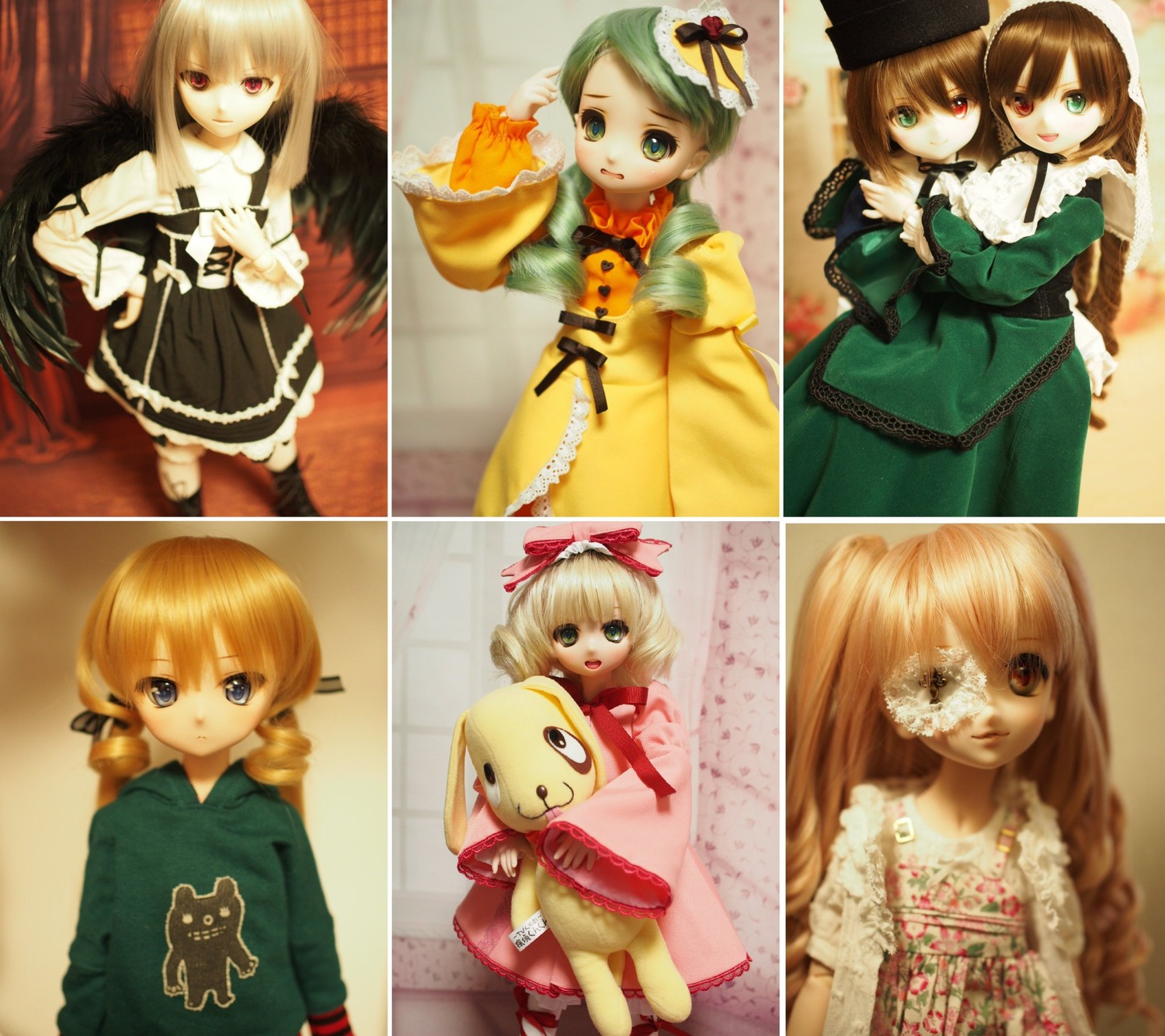 6+girls blonde_hair blue_eyes bow brown_hair doll dress frills green_dress green_eyes green_hair hat head_scarf heterochromia hina_ichigo kanaria long_hair long_sleeves looking_at_viewer multiple_dolls multiple_girls pink_bow red_eyes shinku short_hair siblings sisters smile souseiseki suigintou suiseiseki tagme top_hat twins