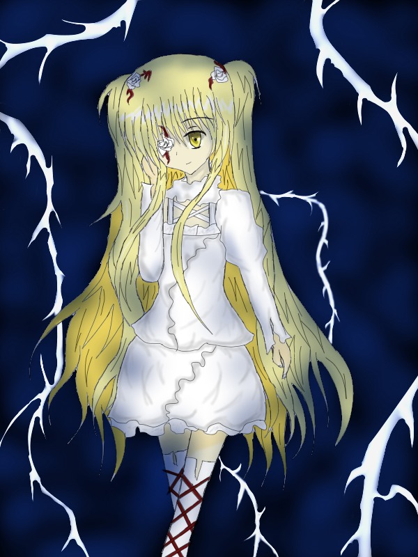 1girl blonde_hair dress expressionless eyepatch frills image joints kirakishou long_hair long_sleeves looking_at_viewer solo standing very_long_hair white_dress yellow_eyes