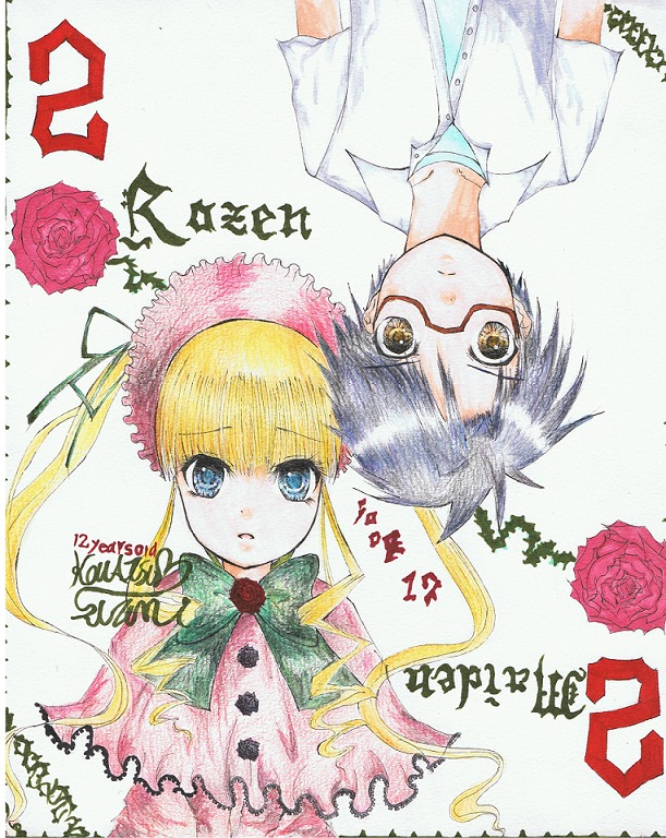 1boy 1girl bangs blonde_hair blue_eyes brown_eyes dress expressionless flower glasses image long_hair looking_at_viewer red_flower red_rose rose shinku shirt simple_background solo traditional_media upper_body white_background